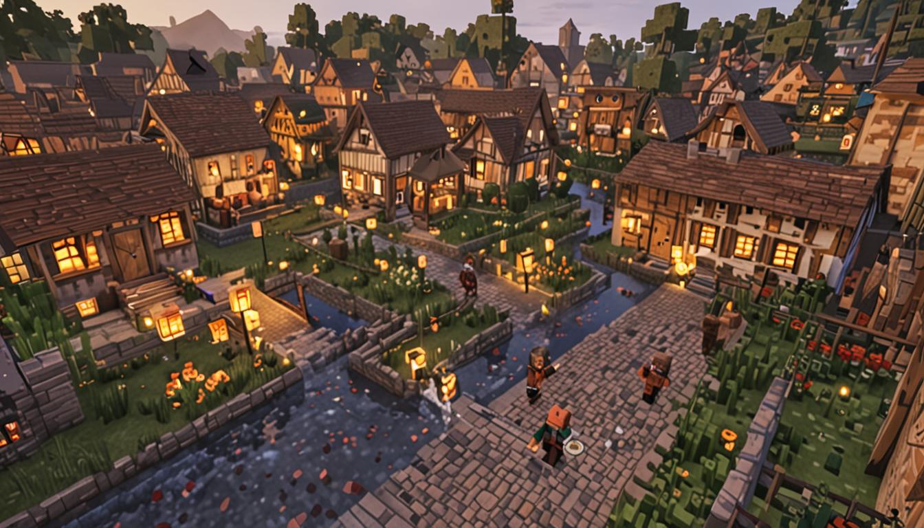 A peaceful Minecraft village at twilight with warm golden lighting from blocky lanterns and torches illuminating cobblestone paths between quaint pixelated houses with wooden doors and glass windows. In the village center stands Tootcreep, a friendly blocky Minecraft character with a gentle expression, holding a pixelated wooden guitar or note block instrument, surrounded by musical note particles floating in the air around him in typical Minecraft style. Various diverse Minecraft villager characters with different colored robes and unique blocky features gather around him in a circle, some sitting on wooden benches, others standing, all with peaceful, content expressions on their square faces. The scene shows cozy Minecraft-style houses with glowing windows in the background, featuring different architectural styles - some with red brick walls, others with oak wood planks, and thatched roofs made of hay blocks, all connected by neat stone brick pathways. Soft purple and pink sunset colors fill the blocky sky above, with a few pixelated stars beginning to appear, while gentle green grass blocks and colorful flower patches dot the village grounds, creating an atmosphere of harmony and community celebration in true Minecraft aesthetic.
