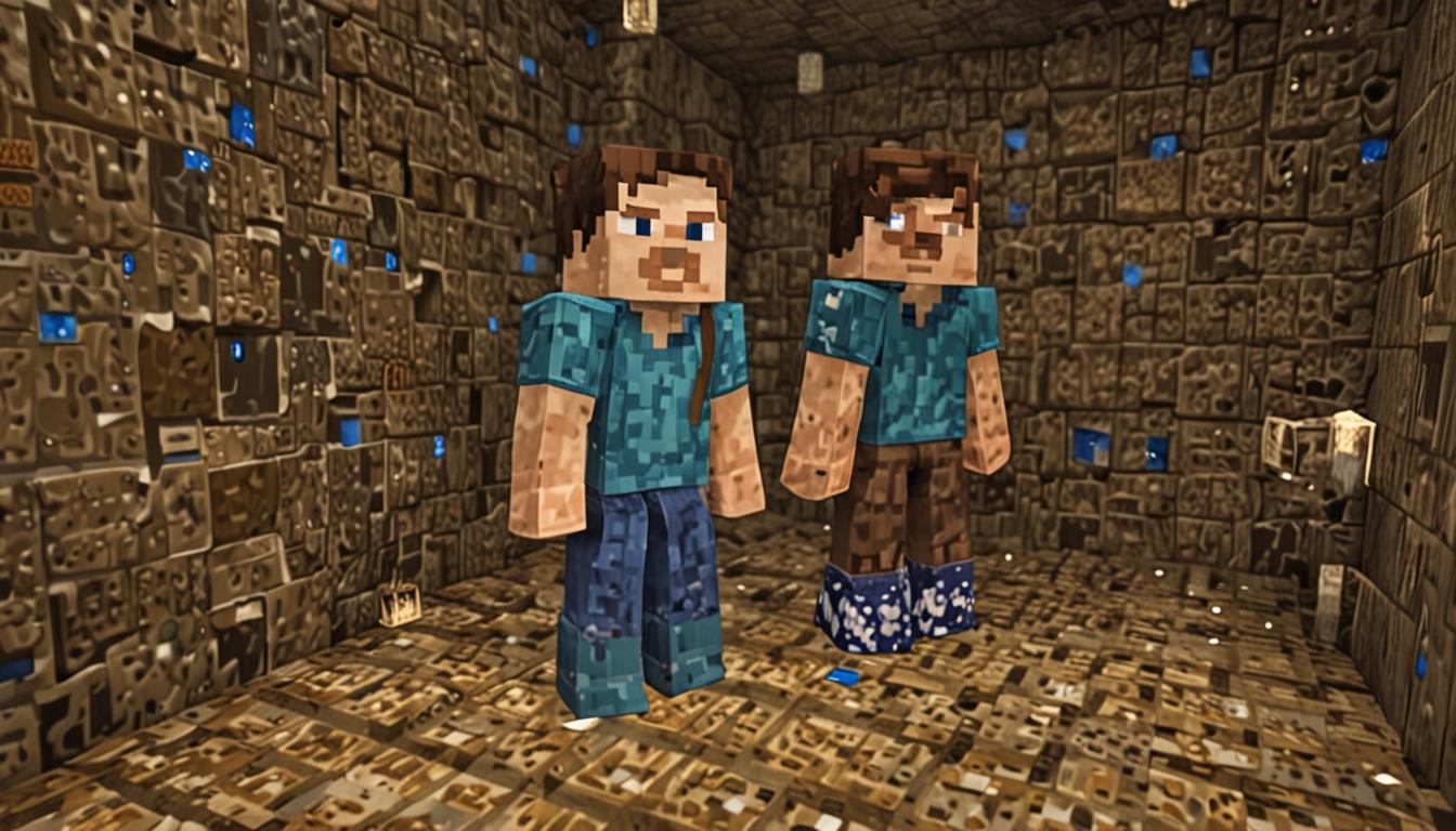 A Minecraft-style blocky character standing in a pixelated underground mine shaft, wearing a weathered blue shirt with darker blue square patches sewn onto the fabric in classic Minecraft block patterns, and brown leather pants that are heavily stained with dark brown and gray dirt blocks scattered across the surface. The character's clothing shows realistic Minecraft wear and tear with frayed edges rendered in sharp, blocky pixels, and mud splatters that look like small brown and gray cubes clinging to the fabric. Behind the character, a dimly lit stone tunnel stretches into darkness with exposed cobblestone walls, scattered iron ore blocks, and wooden support beams, while a dropped pickaxe lies nearby on the ground surrounded by small piles of dirt blocks and stone debris. Torches mounted on the tunnel walls cast warm orange light that creates dramatic shadows across the character's dirty, work-worn appearance, emphasizing the rough texture of the patched clothing and the gritty atmosphere of underground mining adventures.