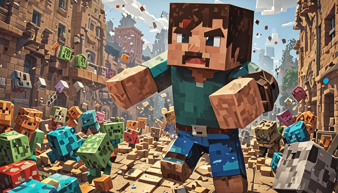 A determined Minecraft player character with blocky, pixelated features stands in the center of a chaotic scene, arms outstretched in a helping gesture toward other struggling player characters. The main character wears worn diamond armor with visible cracks and damage, their square face showing resolute determination despite the surrounding difficulties. Around them, other blocky Minecraft players are in various states of distress - one has fallen into a lava pit with orange and red pixelated flames, another is being chased by green creepers with their distinctive hissing expressions, and a third is trapped under fallen stone blocks. The scene is set in a damaged Minecraft village with partially destroyed blocky houses, broken wooden fences, and scattered items like wheat, tools, and building materials on the ground. Dark storm clouds made of gray and black blocks loom overhead, with pixelated lightning bolts illuminating the scene in stark white light. Despite the chaos and destruction, the central character maintains their helpful stance, reaching toward their friends with unwavering loyalty, embodying the spirit of never giving up even when everything seems to go wrong in their blocky, cubic world.