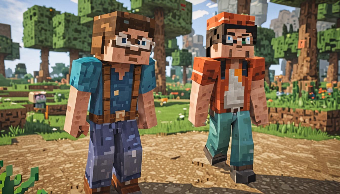 A Minecraft scene showing two blocky, pixelated player characters standing together in a peaceful outdoor setting, with one character having a slightly different appearance or skin design that makes them stand out - perhaps different colored clothing blocks, unique hair texture, or distinctive accessories like glasses or a hat made of cubic blocks. The main character appears contemplative with a slightly downward-tilted blocky head, while their best friend Ollie stands nearby with a warm, encouraging posture and friendly expression rendered in classic Minecraft pixel art style. The background features a serene Minecraft landscape with rolling hills made of grass blocks, scattered oak trees with blocky brown trunks and green cubic leaves, and a soft, warm lighting that suggests either golden hour or gentle daylight filtering through the pixelated environment. Small details like colorful wildflowers made of tiny colored blocks dot the grassy terrain, and perhaps a wooden bench or log where the friends might sit and talk, all rendered in the characteristic blocky, low-resolution aesthetic of Minecraft with sharp edges and clearly defined cubic shapes that emphasize the theme of being different yet accepted in this pixelated world.