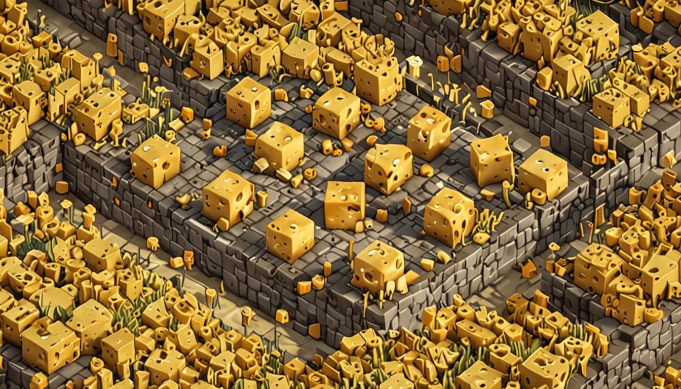 A Minecraft village square scene with cobblestone blocks and stone brick blocks transforming into bright yellow cheese blocks with a crumbly, deteriorating texture. The cheese blocks have a pixelated, blocky appearance with golden-yellow coloring and visible holes throughout their surfaces, creating an aged cheese aesthetic. Several blocks are partially crumbled with yellow cubic fragments scattered on the ground around them. The village square features traditional Minecraft architecture with wooden houses, oak log frames, and cobblestone pathways in the background. Green particle effects or stink lines emanate from the yellow cheese blocks to indicate the unpleasant smell. The lighting has a warm, golden tone that emphasizes the yellow transformation, while maintaining the classic Minecraft blocky, pixelated art style. Some villagers in the distance appear to be backing away from the crumbling cheese blocks, their blocky Minecraft character models showing concern through their posture.