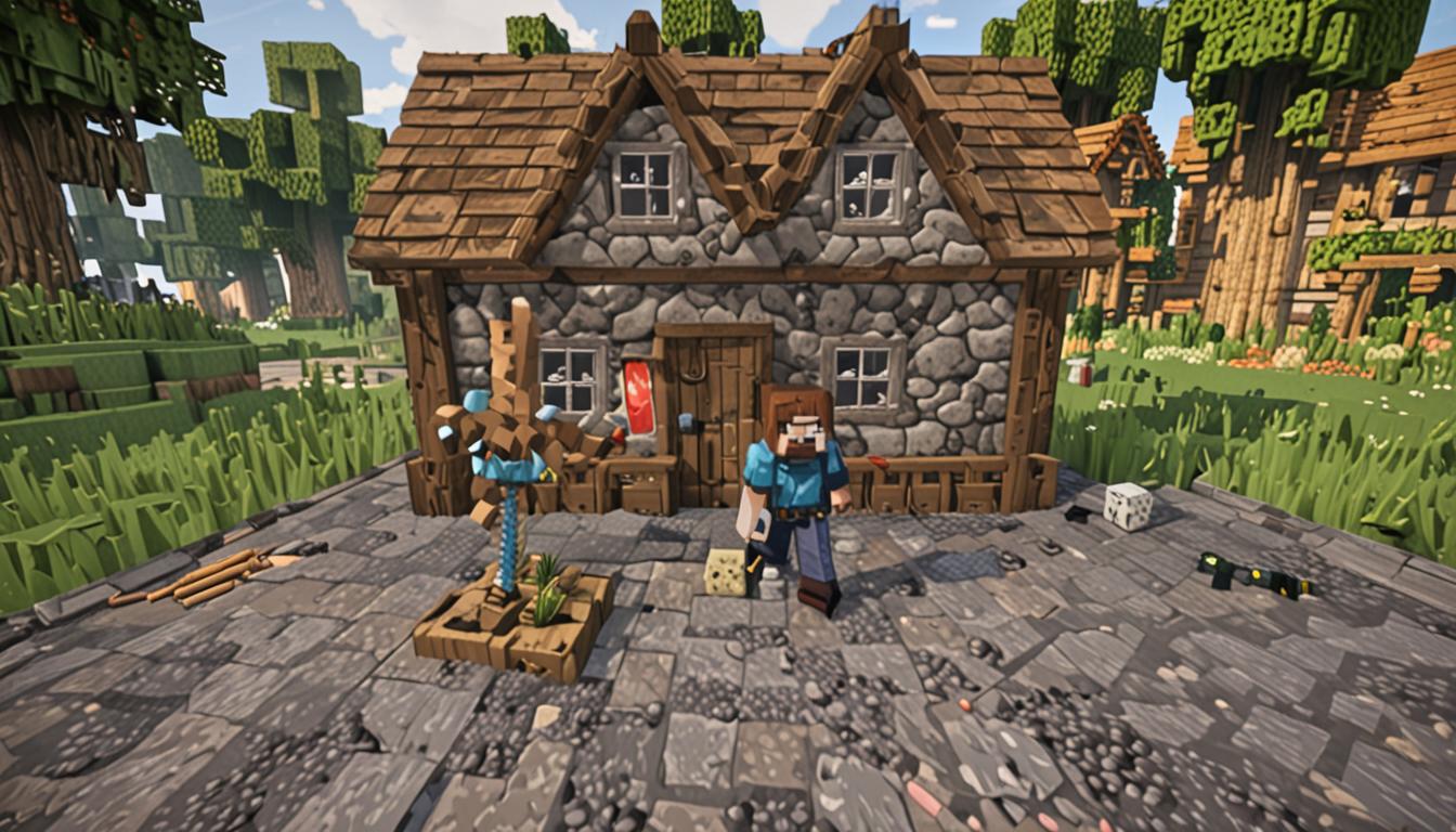 A Minecraft scene showing a blocky, pixelated character with a surprised expression, holding a diamond pickaxe in their cubic hands, standing next to a poorly constructed, lopsided house made of mismatched blocks - cobblestone, dirt, and wood planks haphazardly placed together with gaps in the walls and a crooked roof. The character has the classic Minecraft blocky body proportions with square limbs and a rectangular torso, wearing simple brown leather armor. Nearby stands another determined-looking Minecraft character named Ollie, with crossed arms and a resolute facial expression, featuring the characteristic blocky head and pixelated features. The background shows a typical Minecraft landscape with cubic trees, grass blocks, and distant mountains, all rendered in the game's distinctive low-resolution, blocky aesthetic. Scattered around the poorly built house are various building materials like wooden planks, stone blocks, and tools, emphasizing the character's lack of building skills. The lighting has that warm, ambient Minecraft glow with soft shadows cast by the cubic structures, creating an atmosphere of determination mixed with self-doubt in this pixelated world.
