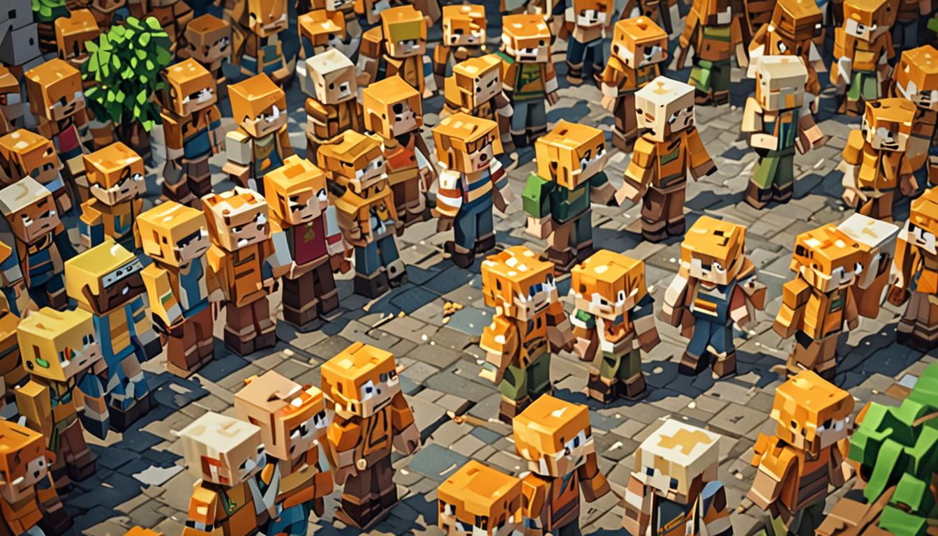 A tense Minecraft village scene with multiple blocky, pixelated player characters scattered throughout, their cubic heads turning nervously as they look around with worried expressions rendered in simple Minecraft-style faces. Several skilled builder characters wearing construction helmets and tool belts are frantically working on their blocky houses, which are visibly transforming with yellow-orange cheese-textured blocks replacing the original stone and wood materials, creating a surreal contrast of normal Minecraft architecture morphing into cheese-like substances. In the foreground, two main characters stand close together - Ollie, a blocky Minecraft character with distinctive clothing, gripping the arm of Breck, another pixelated player character, both rendered in the classic Minecraft aesthetic with cubic bodies and simple facial features. The village setting features typical Minecraft buildings with cobblestone paths, wooden doors, and glass windows, but an ominous atmosphere pervades the scene with darker lighting and shadows suggesting impending danger. The overall mood is urgent and mysterious, with the cheese transformation creating an otherworldly threat that contrasts sharply with the familiar, comforting blocky Minecraft environment, while particle effects around the transforming buildings add to the magical corruption taking place.