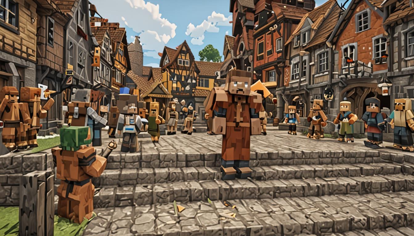 A Minecraft village scene with blocky, pixelated buildings made of cobblestone and oak wood planks, where a concerned mayor character with a brown robe and worried expression stands on wooden steps addressing a crowd of villager NPCs with their characteristic large noses and crossed arms. In the background, an ominous mechanical contraption built from iron blocks, redstone circuits, and pistons looms over the village, with yellow cheese-colored blocks scattered around its base and steam particles rising from copper-colored pipes. The village blocks nearest to the machine show signs of transformation, with some cobblestone and dirt blocks partially converted into yellow, cracked cheese-textured blocks that appear deteriorated and emit green stink particle effects. The lighting is dim and foreboding, with dark storm clouds gathering overhead, while the mechanical cheese-making device glows with red redstone power, casting an eerie light across the worried faces of the blocky villagers who stand in the town square listening to their mayor's urgent announcement.