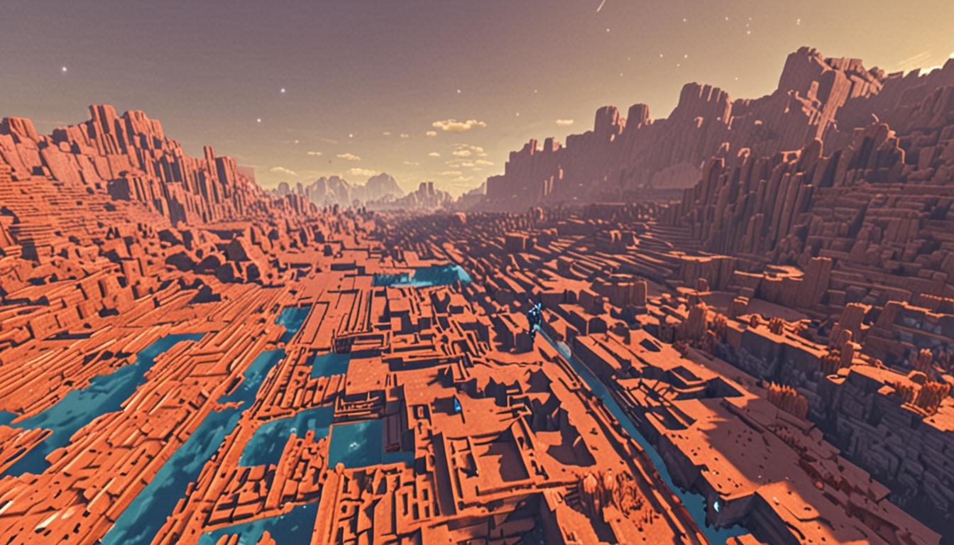 A Minecraft-style blocky, pixelated scene showing two player characters walking across a vast landscape toward a distant Mesa biome with its characteristic red clay and orange terracotta formations rising like angular plateaus against a cubic sky. The foreground character swings a diamond or iron pickaxe with chunky, geometric design and metallic blue or gray textures, practicing mining motions on scattered stone blocks. The second character, rendered in typical Minecraft blocky humanoid form with square head and rectangular limbs, crouches beside colorful scattered blocks including cobblestone, dirt, wood planks, and ore blocks, each displaying the game's signature pixelated textures and sharp cubic edges. In the distance, an imposing fortress structure built from Mesa-themed blocks like red sandstone, terracotta, and stone bricks sits atop the orange-red cliff faces, featuring typical Minecraft architectural elements like square towers, blocky battlements, and geometric windows. The scene is bathed in warm, ambient Minecraft lighting with soft shadows cast by the cubic terrain features, while the characters' inventories appear partially filled with various collected block items, all maintaining the game's distinctive low-resolution, voxel-based aesthetic with sharp angles and pixelated surfaces throughout the entire composition.