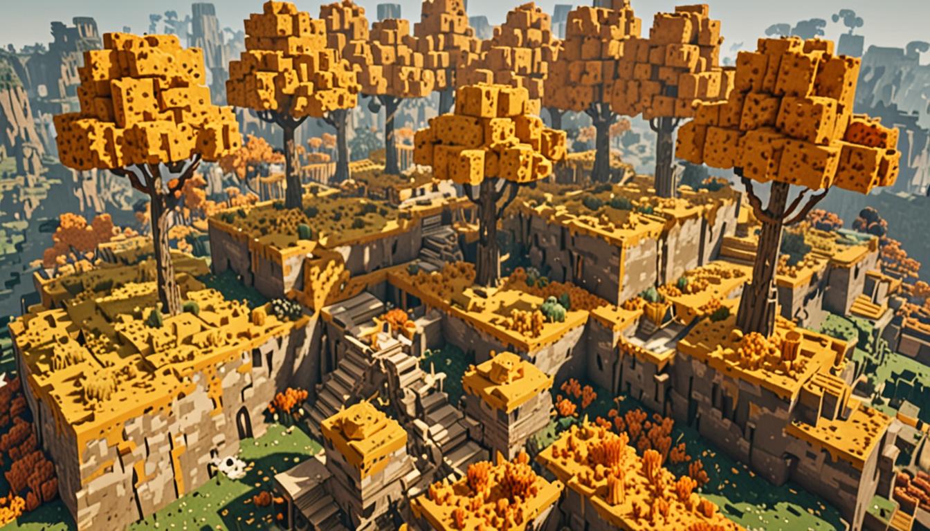 A sprawling Minecraft landscape dominated by yellow and orange cheese-textured blocks covering every surface, with towering blocky trees featuring bright yellow cheese-block leaves instead of normal green foliage. The pixelated ground is carpeted with yellow-tinted grass blocks that have a glossy, cheese-like appearance, creating a slippery, reflective surface. In the distance, a massive fortress structure looms with thick stone walls and towers, all rendered in classic Minecraft blocky architecture. Above, the sky is filled with puffy, cube-shaped clouds that have a creamy yellow cheese texture with holes and spots, giving them an otherworldly appearance. A Minecraft player character with the classic blocky body stands in the foreground, carefully navigating across the slippery yellow cheese blocks, with arms outstretched for balance. The entire scene has warm golden lighting that enhances the cheese-like textures, with subtle reflections and shine effects on the various cheese block surfaces throughout this bizarre, transformed Minecraft biome.