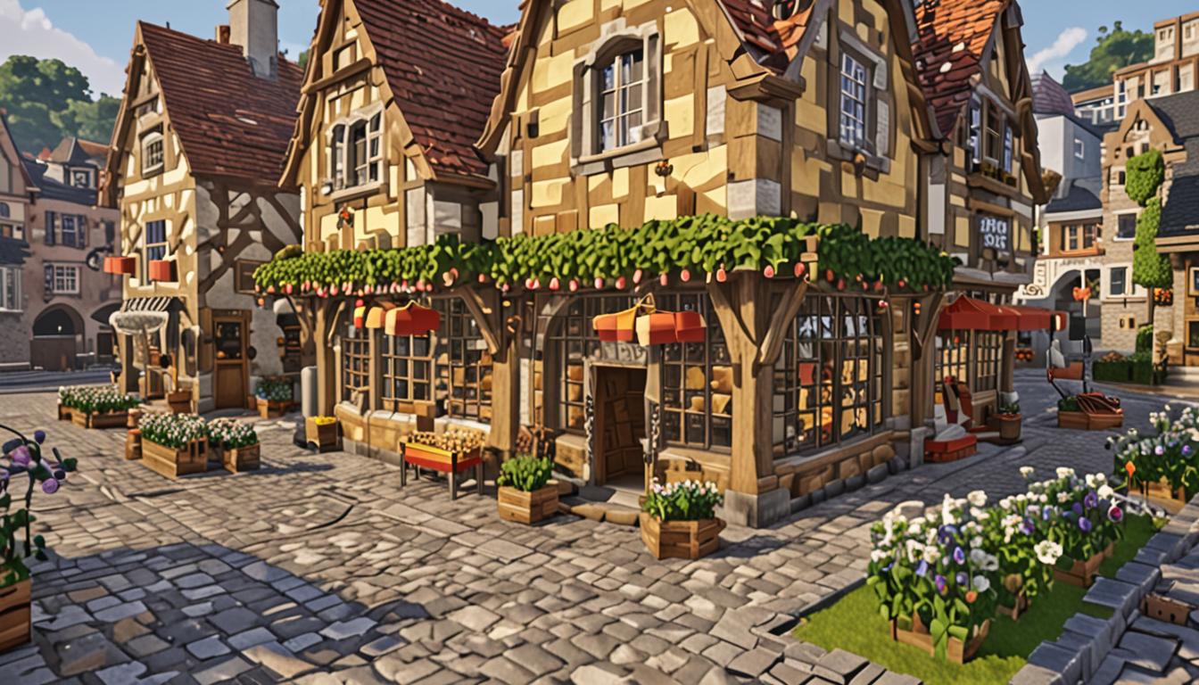 A vibrant Minecraft village scene with blocky cobblestone pathways winding through a bustling market square, featuring a charming cheese shop with a distinctive wooden sign and large glass windows displaying golden cheese blocks on wooden shelves. The shop's exterior is built from warm oak planks and stone bricks, with a red wool awning stretching over the entrance. In the foreground, a friendly Minecraft villager character named Ratcheese stands behind a crafting table counter, wearing a white apron and chef's hat, with pixelated grilled cheese sandwiches made from bread blocks and melted cheese items arranged on wooden plates. The market square is surrounded by other colorful blocky buildings with terracotta roofs, flower boxes filled with bright pixelated flowers, and cobblestone streets lined with iron lanterns casting warm yellow light. The atmosphere is cheerful and welcoming, with other Minecraft villagers walking around the square, some carrying items and trading goods, all rendered in the classic blocky, pixelated Minecraft aesthetic with vibrant colors and detailed textures.