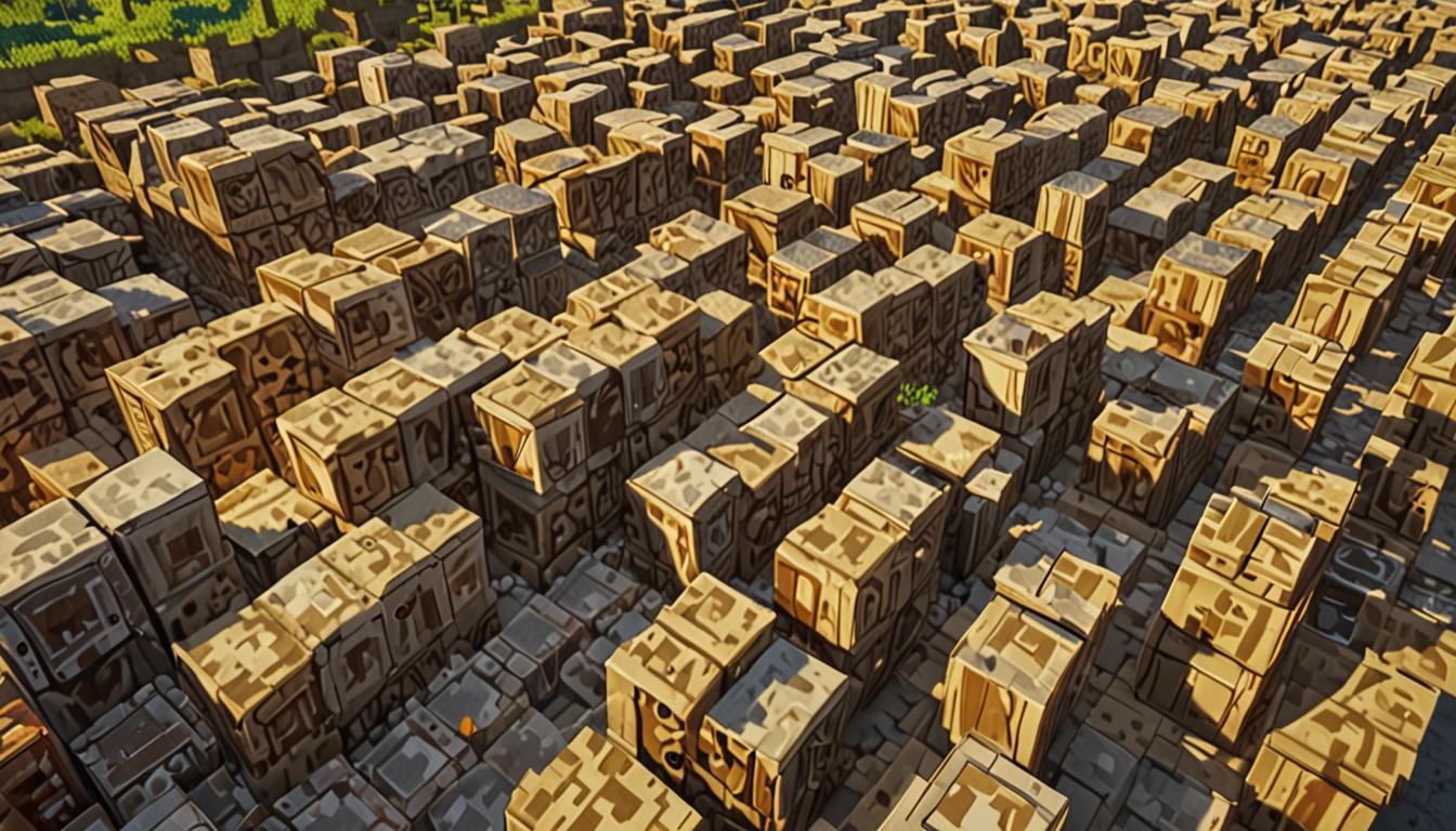 partially constructed structures made from cobblestone blocks, wooden logs, and crafted planks, some tilting or incomplete but showing creative potential. The lighting is warm and encouraging, with soft golden sunlight filtering through the scene, casting blocky shadows that emphasize the three-dimensional cubic nature of all elements. Scattered around the ground are various building materials in their iconic Minecraft block forms - oak wood blocks, stone bricks, and crafting materials - all with the characteristic pixelated textures and sharp, geometric edges that define the Minecraft aesthetic.
