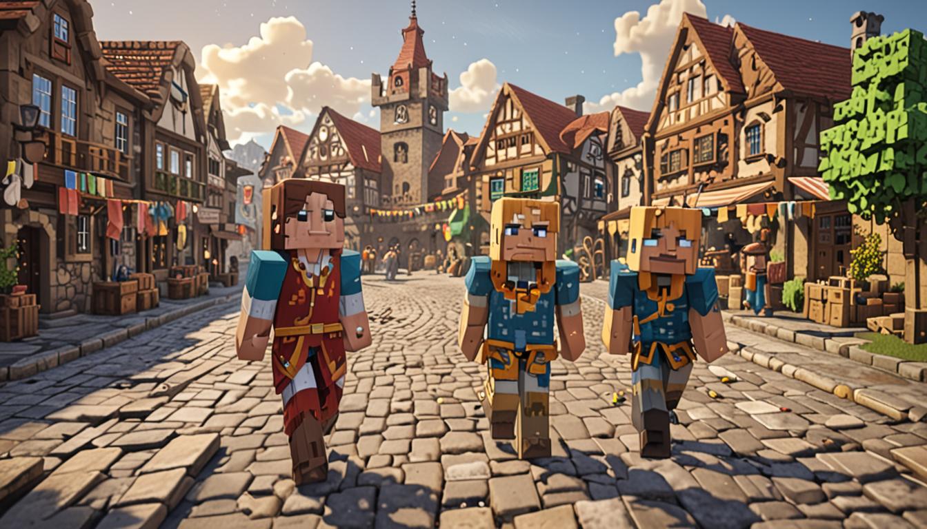 A triumphant Minecraft village scene with blocky pixelated buildings restored to their original colorful states, featuring two heroic player characters standing in the center of a cobblestone town square surrounded by cheering villager NPCs with their distinctive brown robes and large noses. The main character holds a gleaming golden medal item with intricate blocky engravings, while colorful confetti-like particles float through the air around them. The village showcases a mix of wooden plank houses, stone brick structures, and cozy thatched roofs, all rendered in classic Minecraft's cubic aesthetic with sharp edges and pixelated textures. Warm sunlight filters through the scene, casting blocky shadows and highlighting the celebratory atmosphere, while the mayor villager stands prominently nearby wearing ceremonial robes and holding additional golden items, all set against a backdrop of lush green grass blocks and distant rolling hills made of dirt and stone blocks.