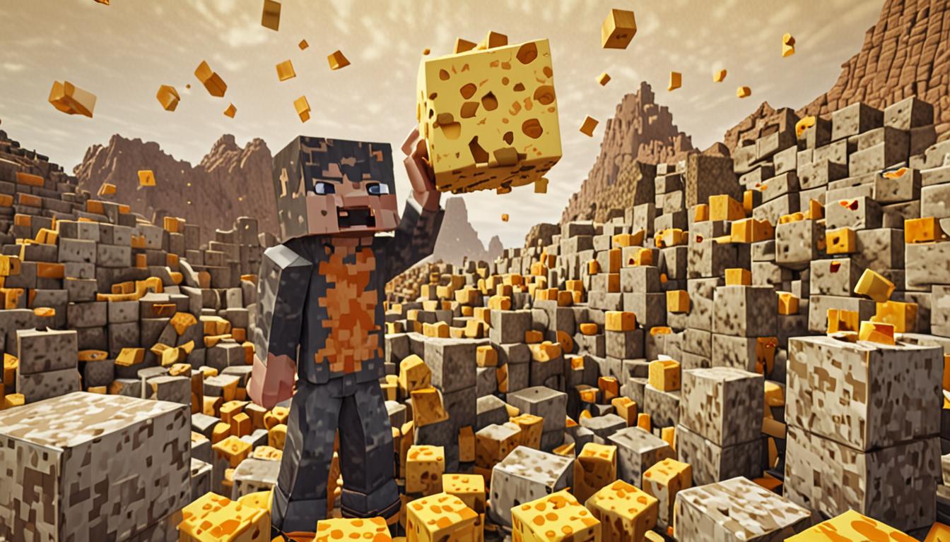 A Minecraft-style scene featuring a blocky, pixelated character named Ratcheese with square tears streaming down his cubic face, standing next to a large pile of orange and yellow cheese blocks that appear to be crumbling or breaking apart with pixelated particles floating away. The character has his blocky hands raised to his square head in distress, with his mouth open in a crying expression made of simple pixel squares. Scattered around the ground are small orange and yellow cheese block fragments with the distinctive Minecraft block texture and sharp, geometric edges. The environment shows a transformation from a darker, greenish-tinted atmosphere with stink lines made of wavy green pixel particles rising from the cheese blocks, gradually transitioning to a brighter, cleaner area with light blue and white particle effects representing fresh air. Sunlight streams through in blocky rays, illuminating the scene with warm yellow and white pixel lighting that creates a stark contrast between the smelly cheese area and the fresh, clean air zone. The ground is made of standard Minecraft grass blocks with the characteristic green top texture and brown dirt sides, and there are small white and light blue sparkle particles floating in the cleaner air area to represent the pleasant, fresh atmosphere that Ratcheese is beginning to notice and appreciate.
