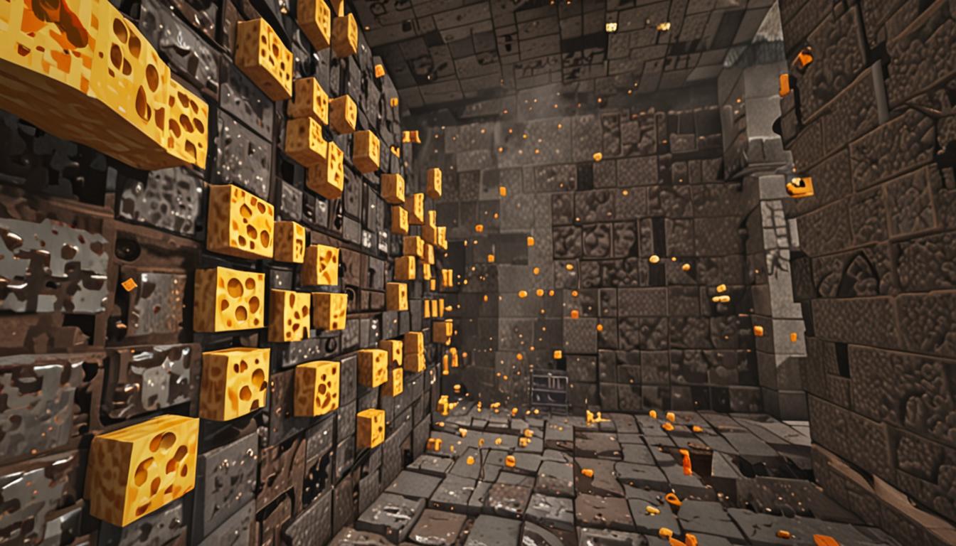 A Minecraft-style fortress interior scene showing a large, blocky pixelated cheese grater mechanism made of iron blocks and redstone components, actively operating with glowing redstone dust particles and mechanical animations. Evil yellow-orange cheese blocks with dark, corrupted textures are being processed by the grater, transforming mid-air into clean, normal Minecraft blocks - smooth stone blocks, oak wood planks, and dirt blocks with their classic pixelated textures. The transformation creates a magical particle effect with golden sparkles and light beams radiating outward. The fortress walls are built from dark stone bricks and cobblestone, with torches mounted on the walls casting warm, flickering light that illuminates the scene. Green particle effects representing fresh air swirl throughout the chamber, replacing the previously dark and murky atmosphere. The lighting transitions from dim, sickly yellow-green tones in the background to bright, clean white and golden light in the foreground where the transformation is occurring. Minecraft-style Steve or Alex character stands nearby operating the cheese grater device, wearing typical blocky clothing and showing relief on their pixelated face as the evil cheese blocks are successfully converted back to their original, pure block forms.