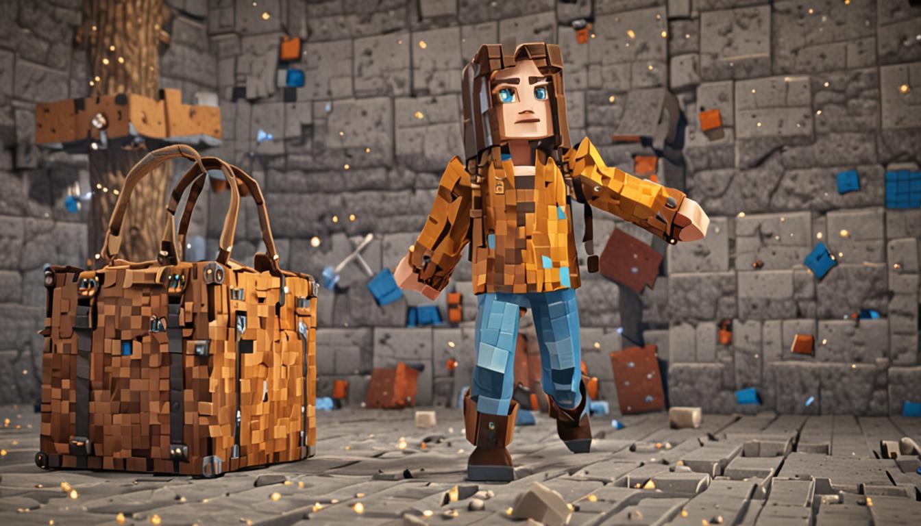 A Minecraft-style blocky female character with pixelated features and bright, excited eyes stands in a cubic environment, her square hands reaching into a large brown leather inventory bag with blocky stitching details. The bag overflows with special anti-cheese blocks that emit a brilliant white and light blue sparkly particle effect, contrasting sharply with the darker surroundings. These magical blocks have a pristine, crystalline texture with clean geometric patterns and emit soft glowing light rays in a pixelated manner. The character's blocky face shows determination and enthusiasm as magical sparkles dance around the special blocks in her square hands. The scene has a mystical atmosphere with the clean, fresh magical energy of the anti-cheese blocks creating a luminous aura against the typical Minecraft cubic landscape, with particle effects reminiscent of enchanted items but specifically designed to counter dark cheese magic. The lighting creates dramatic contrast between the pure, sparkling magic of the blocks and the more muted tones of the surrounding Minecraft world.