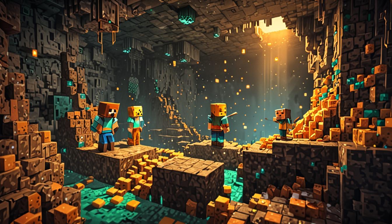 A Minecraft scene showing two blocky pixelated characters standing in a dimly lit underground cave filled with ominous yellow-orange cheese blocks that have an evil glowing aura around them. One character, Ollie, has a distinctive blocky appearance with brown hair made of cubic pixels and is surrounded by floating special blocks of various colors - emerald green, diamond blue, redstone red, and golden yellow blocks that shimmer with enchanted particles. The second character is gesturing excitedly toward a massive contraption made of iron blocks, hoppers, and dispensers arranged in a towering cheese grater-like structure with geometric holes and sharp-edged surfaces typical of Minecraft's blocky aesthetic. The evil cheese blocks are scattered throughout the cave floor, pulsing with a malevolent orange glow and dark particle effects, while normal stone and dirt blocks can be seen partially corrupted at the edges. Torches mounted on the cave walls cast flickering light that creates dramatic shadows across the pixelated surfaces, and the entire scene has the distinctive low-resolution, cubic texture style of Minecraft with visible block edges and flat surfaces throughout.