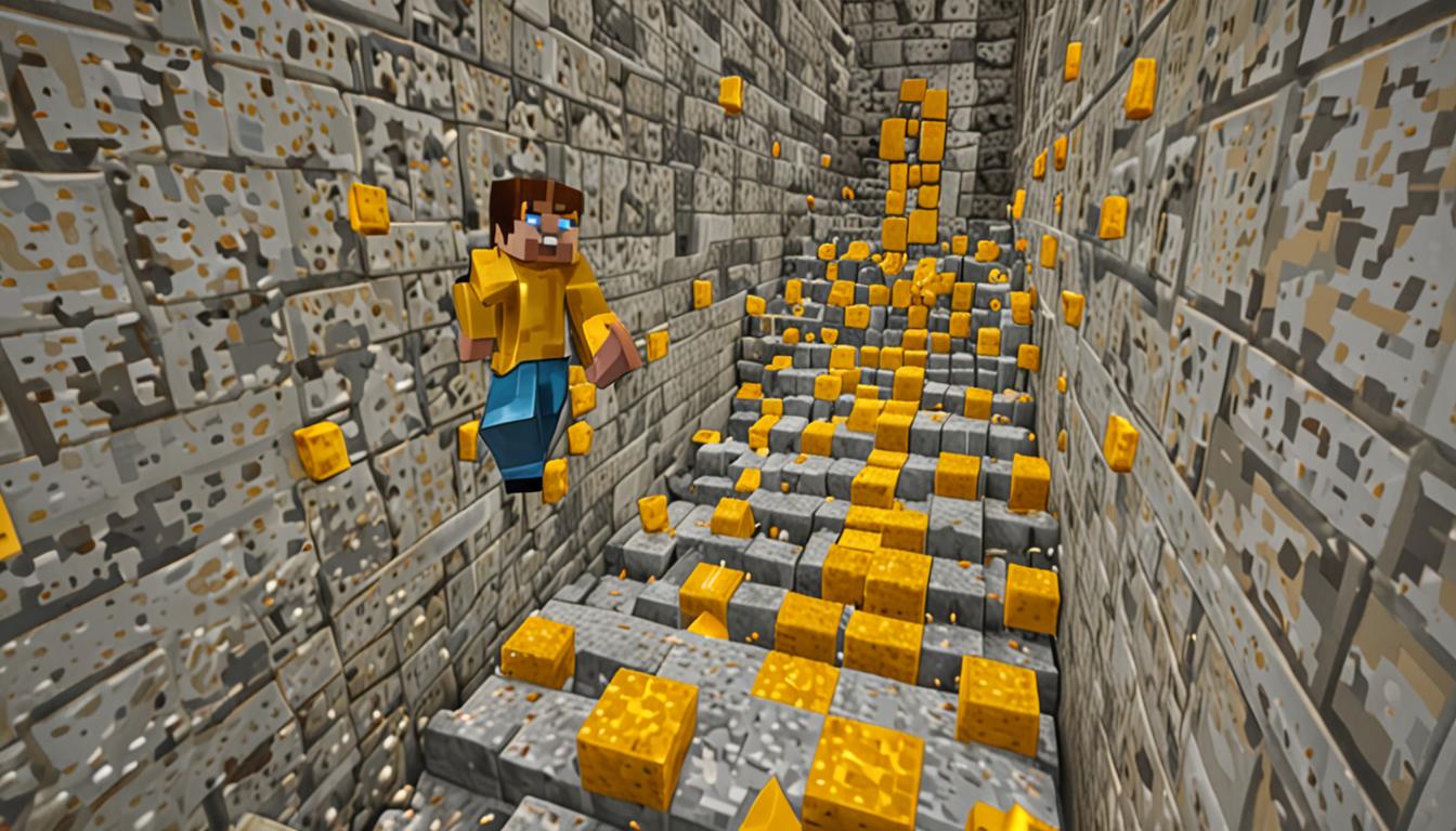A Minecraft player character with blocky pixelated features sliding uncontrollably across a fortress floor made entirely of bright yellow cheese blocks with detailed cubic textures and small holes scattered across their surfaces. The character appears to be slipping and gliding as if the cheese blocks have the slippery properties of ice blocks, with motion blur effects showing rapid movement through dark stone brick fortress corridors. Scattered throughout the scene are broken redstone contraptions and failed trap mechanisms with exposed pistons, pressure plates, and tripwire hooks, all rendered in classic Minecraft's blocky aesthetic with sharp pixelated edges. The fortress walls are constructed from dark cobblestone and stone brick blocks, creating a dungeon-like atmosphere with dim torchlight casting orange glowing squares on the cheese block floor. The scene captures the chaotic moment of accidental speed as the character slides past multiple deactivated trap devices, with cheese block particles and dust effects trailing behind the sliding figure in true Minecraft physics style.