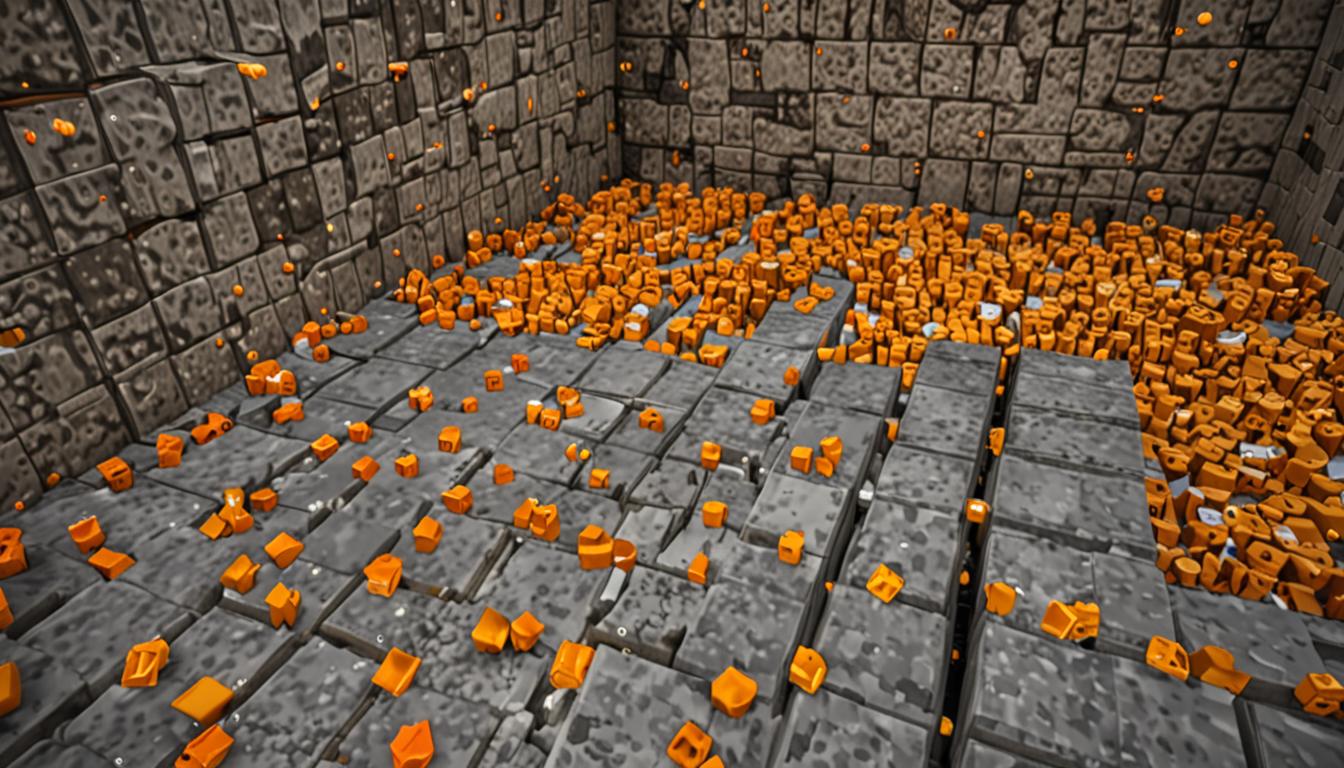 A Minecraft-style fortress interior with crumbling blocky cheese-colored traps made of yellow and orange blocks scattered across a stone brick floor, with several pieces fallen and broken apart in pixelated chunks. Multiple small, silvery-gray blocky silverfish mobs with glowing red pixelated eyes are running in chaotic circular patterns around the chamber, their tiny cubic bodies bouncing and squeaking as they move. The fortress walls are constructed from dark stone bricks and cobblestone blocks with dim torch lighting casting flickering orange light that creates dramatic shadows on the pixelated surfaces. In the background, more incomplete and poorly-constructed yellow cheese-block contraptions are visible, with redstone dust and pressure plates haphazardly placed and clearly malfunctioning. The overall scene has a comedic, chaotic atmosphere with the cute silverfish creating a whimsical contrast against the imposing but poorly-built fortress architecture, all rendered in classic Minecraft's distinctive blocky, low-resolution pixel art style with sharp geometric edges and vibrant, saturated colors.