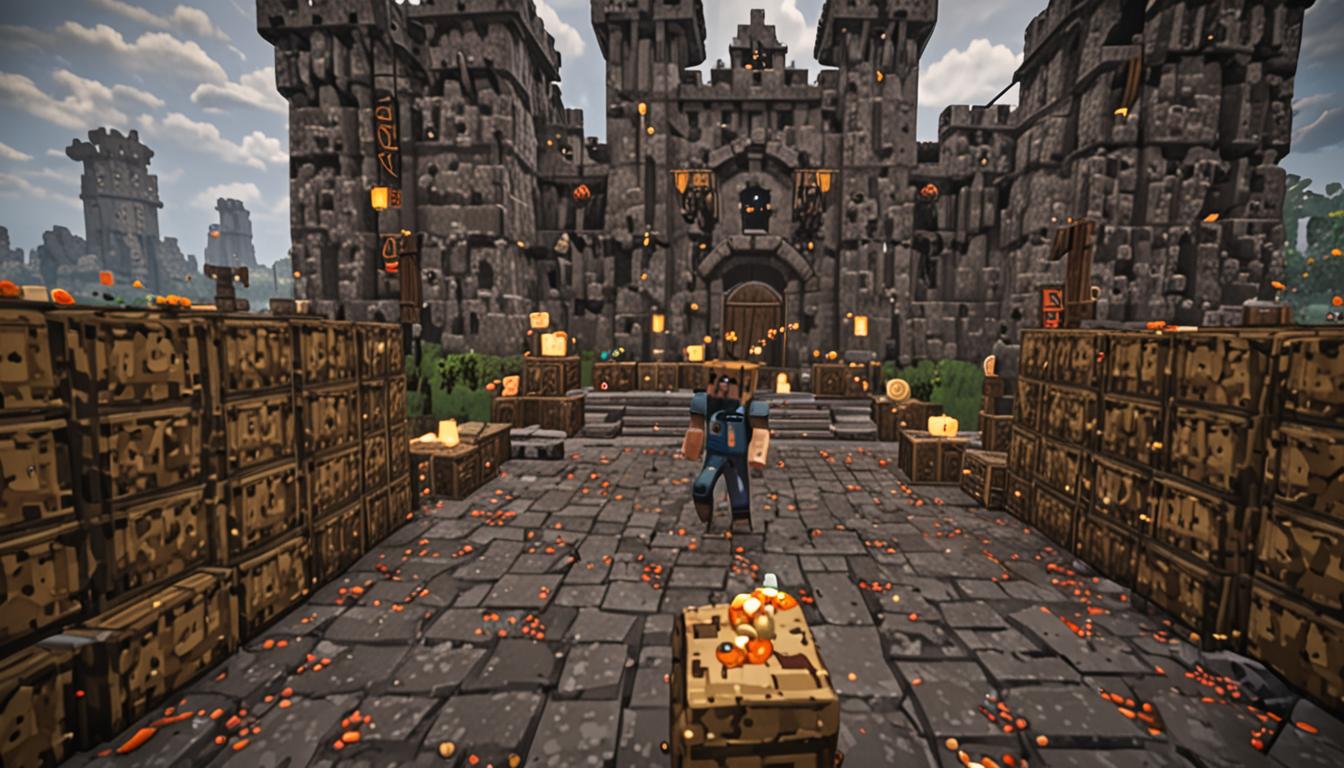 A Minecraft player character with blocky, pixelated features stands in distress at the entrance of a dark stone fortress, surrounded by several open wooden chests with brown blocky textures scattered across the cobblestone ground. The fortress entrance looms behind with imposing dark stone brick walls and ominous shadows, while mysterious cheese-themed contraptions and golden mechanical traps with glowing redstone circuits are visible in the background. The player character holds up a simple wooden spoon item with brown pixelated wood texture, their blocky face showing surprise and confusion. Empty chests with their lids open reveal dark interiors, while one chest glows softly with the warm light of discovery. The scene has dim lighting with torch flames casting flickering orange light on the stone blocks, creating dramatic shadows that emphasize the challenging fortress environment and the player's desperate situation.