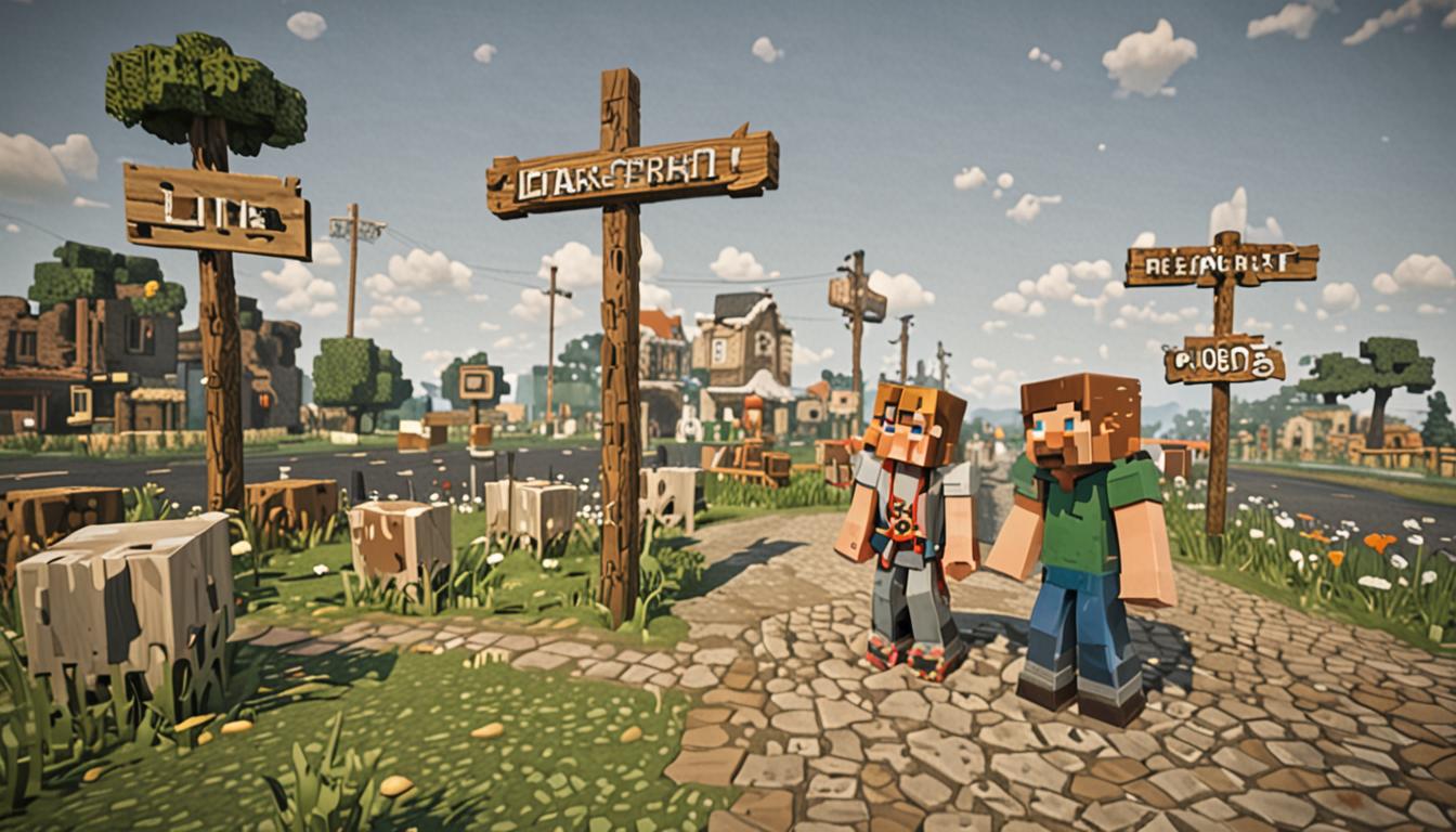 A Minecraft village scene with blocky, pixelated buildings made of cobblestone and oak wood planks showing signs of distress and abandonment. In the foreground, two Minecraft-style characters stand near a wooden sign post - one character covering their blocky nose with their hand while pointing at the sign, both rendered in the classic Minecraft blocky art style with square heads and rectangular bodies. The wooden sign displays carved text in typical Minecraft font styling. Scattered around the village are various cheese blocks rendered in bright yellow and orange Minecraft block textures, some stacked haphazardly and others appearing to be claimed or marked. The atmosphere is tense and foreboding with darker lighting casting long blocky shadows across the village pathways made of dirt and stone blocks. Green particles or stink lines emanate from various cheese blocks throughout the scene, creating a visual representation of the terrible smell mentioned. The village houses have their doors and windows slightly ajar, suggesting the residents are hiding or have fled, with some items like tools and food scattered on the ground in typical Minecraft item drop style.