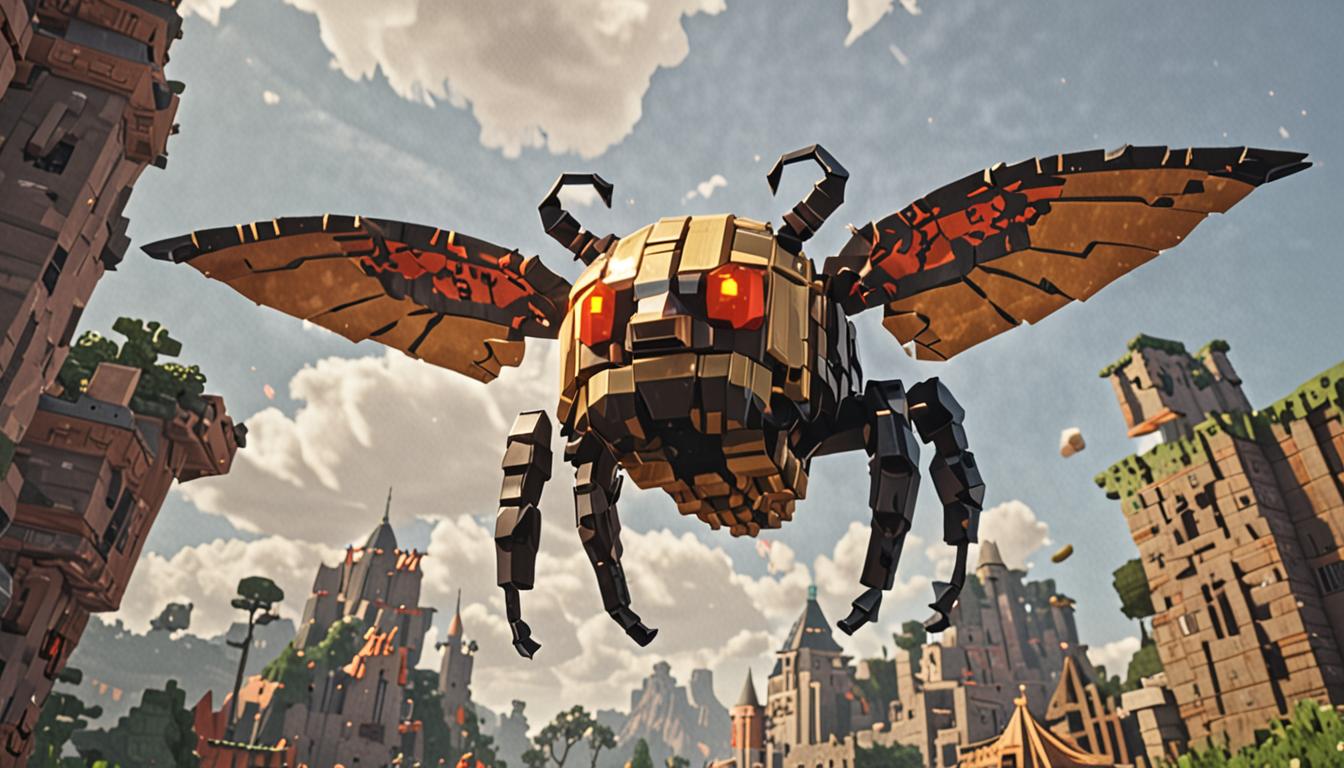 A menacing blocky beetle creature with dark pixelated exoskeleton and glimmering translucent wings hovers above a Minecraft village, clutching golden honey jar items in its sharp cubic claws. The beetle's segmented body features angular geometric patterns typical of Minecraft mobs, with glowing red eyes and metallic wing surfaces that reflect bright sunlight streaming through blocky clouds. Below, a peaceful village scene shows rectangular houses with colorful flower gardens that are visibly wilting - brown and gray pixelated flowers replacing vibrant red, yellow, and pink blooms in neat square garden plots. Sad-looking cubic bees with drooping antennae sit motionless on withered flower blocks, their usual buzzing animation stopped. The scene captures a dramatic contrast between the bright, menacing beetle soaring overhead against blue sky blocks and the increasingly desolate village below, with golden honey jars scattered around house doorways and garden paths, some already collected by the villainous creature. Warm sunset lighting casts long blocky shadows across the deteriorating landscape, emphasizing the urgent timeline of the beetle's evil scheme.