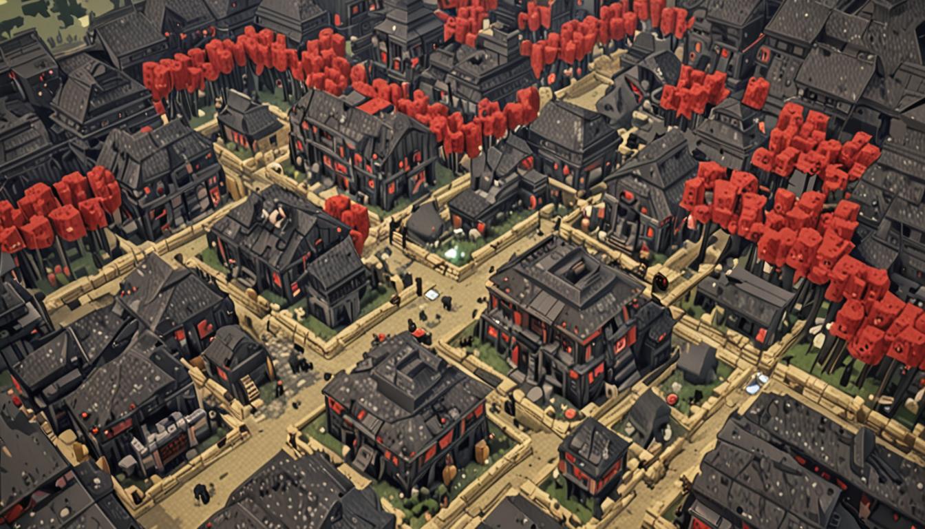 A menacing Minecraft-style scene depicting a blocky, pixelated village under attack by an enormous shiny obsidian beetle character with geometric, angular features and glowing red cube eyes, surrounded by swarms of small gray silverfish mobs with their characteristic segmented blocky bodies. The village consists of typical Minecraft wooden houses with oak plank walls, cobblestone foundations, and red wool roofs, while multiple wooden beehives and apiaries are scattered throughout the scene, their blocky honey-filled structures glowing with golden amber textures. Streams of pixelated golden honey are being magically extracted from the geometric beehives, flowing in blocky droplets toward the obsidian beetle antagonist, while peaceful Minecraft villagers with their characteristic brown robes and large cubic heads flee in panic. The morning sunlight casts sharp, angular shadows across the blocky terrain of grass blocks and dirt paths, creating a dramatic contrast between the bright golden honey, the dark obsidian sheen of the beetle villain, and the warm wooden textures of the village buildings. Small cubic bees with yellow and black striped textures buzz frantically around their violated hives, adding to the chaotic atmosphere of this Minecraft-style raid scene.