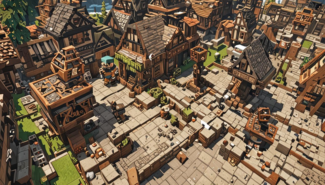 A Minecraft-style blocky village scene featuring a clumsy pixelated player character named Breck with distinctive blocky features, standing amid scattered broken blocks and debris. The character holds a diamond or iron pickaxe with exaggerated motion lines showing its chaotic swinging pattern, surrounded by partially destroyed blocky structures with cobblestone, wood planks, and dirt blocks scattered on the ground. In the background, other Minecraft villager characters are shown building elaborate pixelated castles with perfect tower structures, smooth stone brick walls, and organized block patterns, creating a stark contrast to Breck's area of destruction. The scene shows various broken blocks floating in mid-air as if just destroyed, with typical Minecraft breaking particle effects rendered in blocky pixel style. The lighting has a warm, sunny Minecraft daytime atmosphere with blocky shadows, and the overall composition emphasizes the chaotic nature of accidental block-breaking versus the organized construction happening nearby. The village setting includes typical Minecraft buildings with blocky roofs, square windows, and pixelated architectural details, all rendered in the classic low-resolution, voxel-based aesthetic of the game.