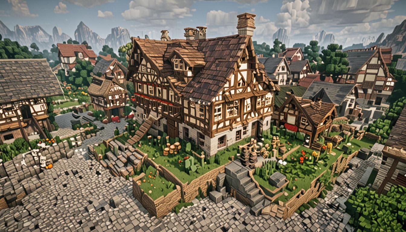 A chaotic Minecraft village scene featuring a dramatically tilted and crooked blocky house with misaligned cobblestone and wooden plank walls leaning at impossible angles, creating a wonky puzzle-like structure. The pixelated roof is riddled with gaping square holes scattered across dark oak planks and stone tiles, resembling Swiss cheese with light streaming through the openings. Scattered around the base of the house are fallen blocks of various materials - cobblestone, wooden planks, and stone bricks - suggesting constant structural failures. A Minecraft player character with a concerned expression stands near the house holding building blocks, while in the background, small blocky child villagers with simple smiling faces peek out from behind other village buildings, clearly amused by the architectural disaster. Following closely behind the main character is a smaller Minecraft character representing little brother Ollie, carrying an impressive collection of seven vibrantly colored backpacks in red, blue, green, yellow, purple, orange, and pink pixel textures, each rendered in the classic Minecraft blocky style. The scene is set on a cobblestone village path with typical Minecraft village buildings in the background, all bathed in warm daylight that highlights the comedic chaos of the unstable house and creates long blocky shadows across the pixelated ground.