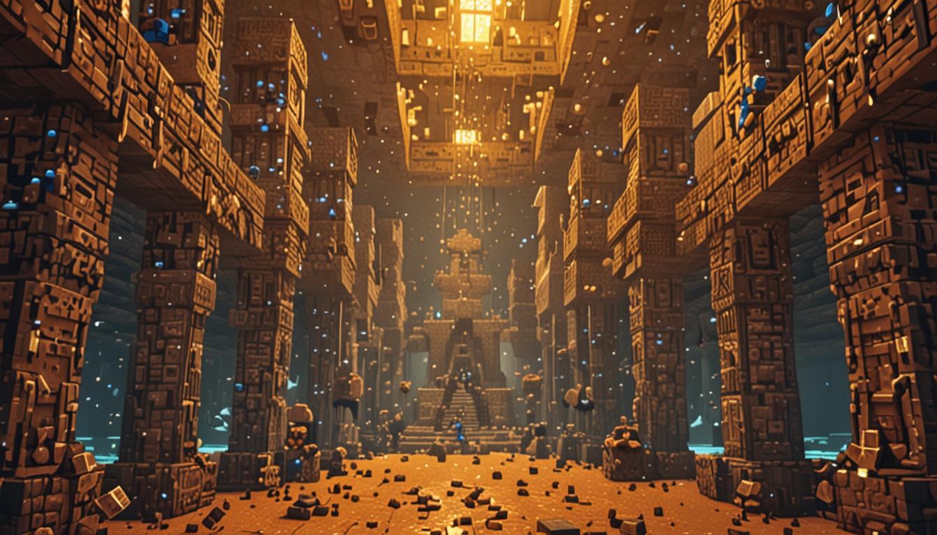 A vast underground Minecraft treasure chamber with towering stacks of blocky golden honey jars arranged in tall pyramid formations, their pixelated surfaces gleaming with warm amber light. In the center stands Ticklebeetle, a menacing blocky villain character wearing thick, dark obsidian armor plates that appear heavy and cumbersome, with water droplets rendered as small blue cubic particles dripping from the armor's edges. The antagonist's pixelated form shows signs of slowness, with a hunched posture behind the protective obsidian blocks. The treasure room features rough stone brick walls with torches casting flickering orange light that reflects off the countless golden honey containers, creating dramatic shadows throughout the cavernous space. Water puddles on the blocky stone floor create reflective surfaces, while the overall atmosphere suggests an epic confrontation scene with the golden treasure gleaming against the dark, foreboding underground setting typical of Minecraft's dungeon-like environments.