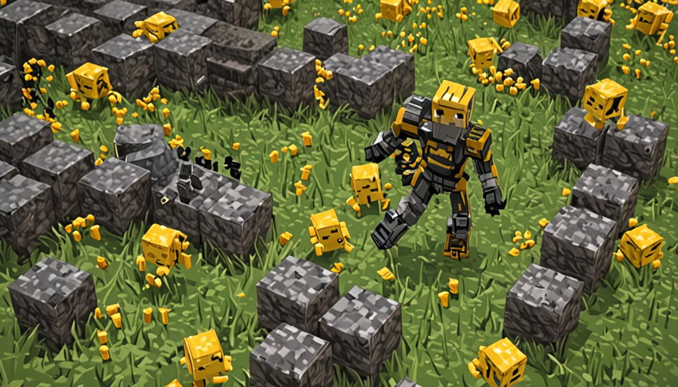 A dynamic Minecraft scene showing a pixelated player character with blocky limbs breaking apart scattered pieces of dark gray and black armor blocks that are floating and crumbling in mid-air, with geometric armor fragments dispersed across a grassy block terrain. Nearby, another blocky Minecraft character named Ollie with a square head and simple facial features is crouched down collecting numerous bright golden-yellow honey jar items that are glowing with a warm amber light, organizing them into several colorful backpack containers made of wool blocks in vibrant reds, blues, greens, and purples arranged in neat pixelated rows. Small cubic silverfish mobs with segmented gray bodies and glowing red eyes are positioned around the scene, but instead of appearing hostile, they have friendly expressions and are actively helping by carrying additional honey jar items in their blocky mouths toward a distant village visible on the horizon with cobblestone houses and wooden roofs. The entire scene is bathed in warm golden sunlight filtering through pixelated clouds, creating dramatic lighting effects on the scattered honey jars and giving the whole environment a cooperative, triumphant atmosphere with particles of golden honey drops sparkling in the air around the organized collection effort.