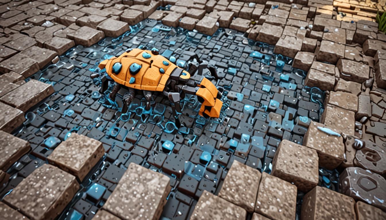 A defeated Minecraft-style villain character named Ticklebeetle stands in the center of a complex stone and cobblestone maze, his blocky pixelated form completely soaked with water droplets rendered in classic Minecraft blue pixels, having lost all his armor pieces which lie scattered around him as individual Minecraft item drops glowing softly on the ground. The beetle-like antagonist has a sad, drooping posture with his cubic head hung low, surrounded by cheerful Minecraft villager characters in their traditional brown robes who have successfully cornered him using clever pathways carved through the maze walls. The maze itself shows clear evidence of block-breaking with jagged openings and newly created passages carved through stone brick and cobblestone walls, revealing the strategic paths used to outmaneuver the villain. Golden honey blocks and honeycomb items are scattered throughout the scene, glowing with warm amber light against the cool stone surfaces, while the overall atmosphere captures the moment of victory with bright, triumphant lighting filtering down from above. The pixelated environment maintains the classic Minecraft aesthetic with sharp, blocky edges and the distinctive low-resolution texture style, creating a scene that perfectly embodies the conclusion of an evil scheme in the beloved sandbox game's universe.