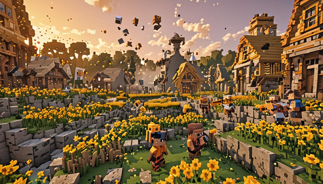 A Minecraft village scene at sunset with blocky, pixelated buildings made of cobblestone and oak wood planks, featuring multiple Minecraft players with cubic heads and bodies carrying golden honey bottles and honeycomb blocks in their blocky hands. Large cubic bees with yellow and black striped textures buzz around the scene, their wings creating motion blur effects as they fly toward colorful pixelated flowers scattered throughout the village gardens. The ground is covered with grass blocks dotted with vibrant blocky flowers - red rose bushes, tall yellow sunflower blocks with dark brown centers, and purple lavender plants, all rendered in Minecraft's distinctive cubic style. Wooden beehives with honey dripping effects sit near the flower gardens, glowing softly in the warm orange and pink sunset lighting that casts long blocky shadows across the village pathways made of stone brick blocks. The sky displays a gradient of orange, pink, and purple cubic pixels, with the sun appearing as a bright yellow square on the horizon, illuminating the entire scene with a warm, golden glow that reflects off the honey bottles and creates a peaceful, restored atmosphere in this pixelated Minecraft world.