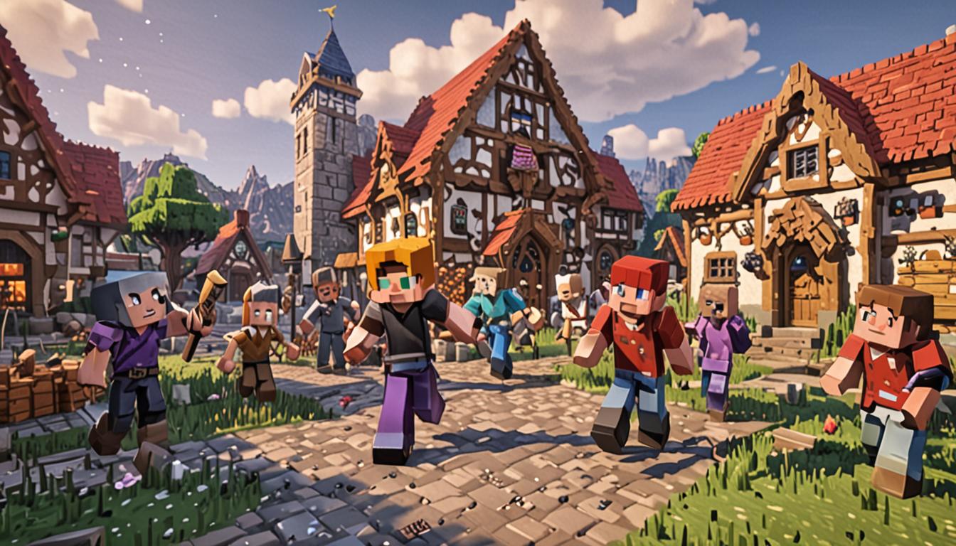 A cheerful Minecraft village scene with blocky pixelated children characters gathered around a central player character who appears confident and proud, their blocky arms raised triumphantly while holding a diamond pickaxe that gleams with enchanted purple particles. The village backdrop features traditional Minecraft houses with cobblestone foundations, oak wood walls, and red wool roofs, all rendered in the classic blocky aesthetic. Scattered around the scene are various broken blocks - stone, dirt, and wood blocks - that appear to be transforming into sparkling particles and new block types, symbolizing new beginnings with golden light effects emanating from each transformation. The village children, rendered as small blocky Minecraft characters with different colored shirts and pixelated faces showing excitement, are pointing enthusiastically at the main character while some hold wooden tools and building materials. The atmosphere is bright and optimistic with warm sunlight casting blocky shadows across the cobblestone village paths, and floating experience orbs in green and yellow drift through the air around the scene, emphasizing the positive, celebratory mood of this Minecraft community moment.