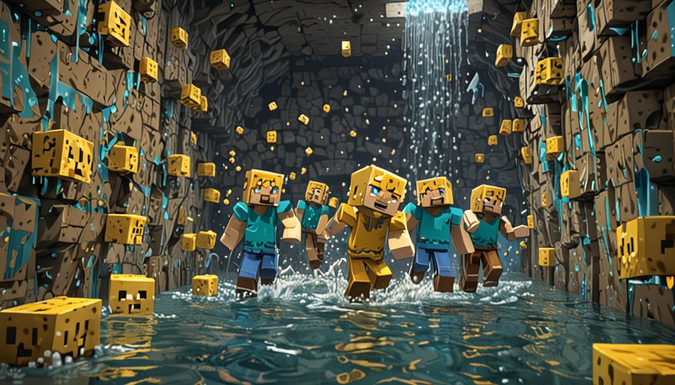 A chaotic Minecraft cave scene with blocky stone tunnel walls flooded with rushing blue water blocks flowing rapidly through the underground passage. Three Minecraft characters with square heads and pixelated bodies are being swept along by the current - their blocky arms flailing as they splash through the water blocks. One character wears a gleaming golden crown made of yellow-gold blocks that has slipped down over their square eyes, causing them to collide with the gray cobblestone cave walls in a comedic manner. Several small, segmented silverfish mobs with their characteristic gray-silver blocky bodies are spinning playfully in the water current instead of appearing menacing, their pixelated forms tumbling through the blue water blocks. The cave environment features rough stone block walls, dim lighting with subtle torch-like illumination, and the entire scene captures the frantic energy of characters being swept through an underground flood in classic Minecraft's distinctive blocky, pixelated art style with sharp edges and cubic forms throughout.