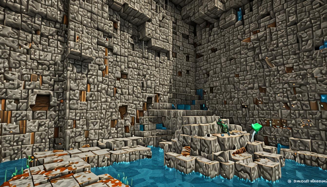 A dramatic Minecraft cave scene showing a pixelated stone cavern with rough cobblestone and stone block walls, where a blocky Minecraft character wielding a diamond or iron pickaxe has just struck a thin stone wall barrier. The wall shows fresh cracks with blocky fracture patterns, and bright blue water blocks are explosively bursting through the opening, creating a dynamic splash effect with cubic water particles and droplets scattered throughout the air. The cave interior features typical Minecraft underground lighting with torch blocks mounted on walls casting warm orange glows, while darker shadows fill the deeper tunnel passages. In the background, narrow cave passages wind deeper into the mountain, suggesting the pursuit of an unseen antagonist, with subtle buzzing particle effects visible in the distance. The water source behind the broken wall appears as a massive reservoir of blue water blocks, creating a flood that spreads across the blocky cave floor in realistic Minecraft fluid physics, with the rushing water forming geometric streams and pools that reflect the torchlight in pixelated patterns.