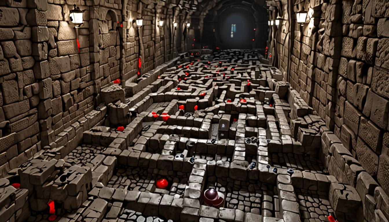 A dark, winding underground maze constructed from rough stone blocks and cobblestone, with narrow tunnels that twist and curve in multiple directions creating a labyrinthine network. Small, blocky silverfish creatures with segmented gray bodies and glowing red eyes scurry rapidly along the pixelated stone walls and ceiling, their angular forms casting flickering shadows in the dim torchlight. The tunnels are illuminated by sparse torches mounted on the walls, creating pools of warm orange light that fade into deep shadows, giving the maze an ominous and foreboding atmosphere. In the foreground, a Minecraft player character with blocky proportions grips a diamond pickaxe with both hands, the tool's distinctive blue and gray pixelated texture gleaming in the torchlight, while their posture conveys determination despite the threatening environment. The stone blocks show realistic Minecraft texturing with visible cracks and weathered surfaces, and the overall lighting creates dramatic contrasts between the lit areas and the mysterious dark passages that stretch deeper into the underground maze. Faint particle effects and dust motes float in the air, suggesting recent movement and activity throughout the treacherous underground network.