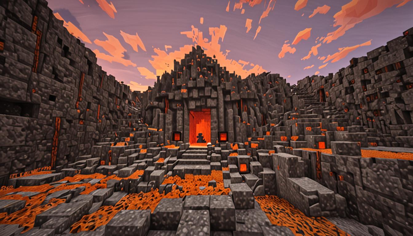 A dark, foreboding Minecraft cave entrance carved into a mountainside during sunset, with blocky stone blocks forming jagged openings that lead into mysterious underground tunnels. The western sky glows with pixelated orange and red sunset colors behind angular, stepped mountain peaks made of stone and cobblestone blocks. Multiple narrow cave passages branch off into darkness, their walls constructed from rough stone blocks, cobblestone, and andesite in the characteristic Minecraft blocky style. Faint buzzing particle effects trail through the air near the cave entrance, suggesting an insect-like creature's path. The cave interior shows winding, maze-like tunnels with uneven stone block walls that create deep shadows and mysterious depths. Torches or glowstone blocks provide minimal lighting deeper in the tunnels, casting flickering light on the pixelated stone surfaces. The overall atmosphere is ominous and secretive, with the cave system appearing to extend far underground through multiple branching pathways carved from various types of Minecraft stone blocks.