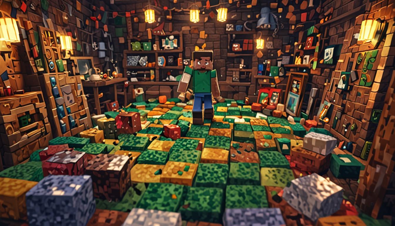 glowing diamonds, golden ingots, emeralds, colorful wool blocks, and rare enchanted items, all organized meticulously by color and size in separate compartments. The scene captures an atmosphere of adventure and loyalty, with warm lighting casting blocky shadows that emphasize Ollie's heroic stance as he steps forward to help his brother, surrounded by the distinctive cubic environment of the Minecraft world with its characteristic pixelated textures and geometric forms. In the background, hints of a dangerous mission setting are visible through dark, ominous blocks and structures that suggest the evil scheme mentioned in the story, creating a contrast between Ollie's bright, organized appearance and the threatening adventure ahead.