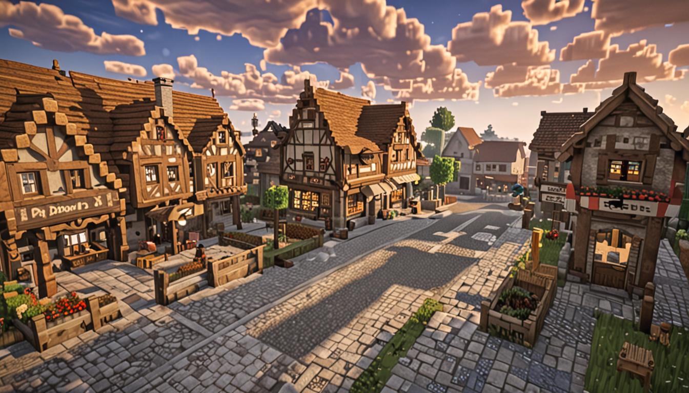 A serene Minecraft village scene at dawn with soft morning light filtering through blocky clouds, featuring cobblestone pathways leading to a central square surrounded by pixelated wooden and stone buildings including a distinctive bakery with a brown oak wood frame and wheat-themed decorations. The village square contains several shop buildings with colorful wool banners and wooden signs, all rendered in classic Minecraft's cubic, low-resolution aesthetic. In the foreground, a player character with the iconic blocky Minecraft design peeks around the corner of the bakery building, their square head and body partially hidden behind the pixelated stone and wood structure. The atmosphere is peaceful with warm golden morning lighting casting blocky shadows across the cobblestone ground, while mysterious metallic clanking sounds seem to emanate from an approaching unusual creature partially visible in the distance, creating an air of curious anticipation. The entire scene maintains Minecraft's signature voxel-based visual style with sharp edges, flat surfaces, and the game's characteristic color palette of earth tones and vibrant accent colors.