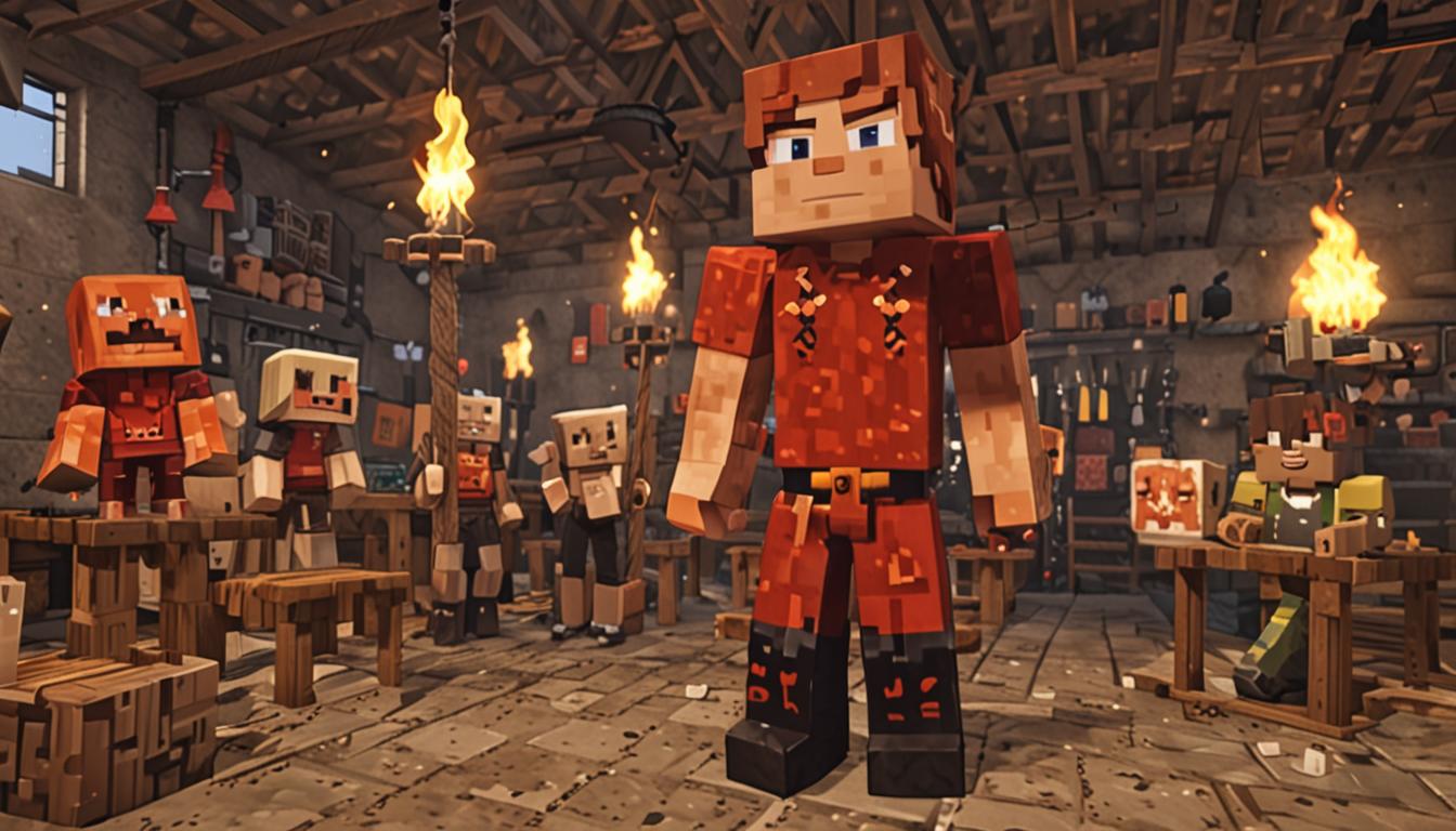 A young Minecraft villager character named Rory McBlock standing in the center of a bustling blocky village workshop, wearing distinctive bright red glowing leather pants that emit a warm torch-like light. The character has a friendly pixelated face with brown blocky hair and is surrounded by wooden crafting tables, anvils, and various building materials scattered throughout the workshop. Piles of bright red redstone dust are visible on the floor, sparkling with animated red particles that float upward. The workshop interior features cobblestone walls, wooden beam supports, and tool racks holding pixelated hammers, pickaxes, and building implements. Other young villager characters with blocky features are gathered around, some pointing and laughing good-naturedly at the glowing pants effect. Warm yellow lighting from torches mounted on the walls creates cozy shadows, while the redstone dust on the ground creates additional red particle effects and ambient lighting. The scene captures a moment of friendly village life with detailed Minecraft-style textures on all surfaces, from the rough cobblestone floor to the smooth wooden planks of the crafting stations.