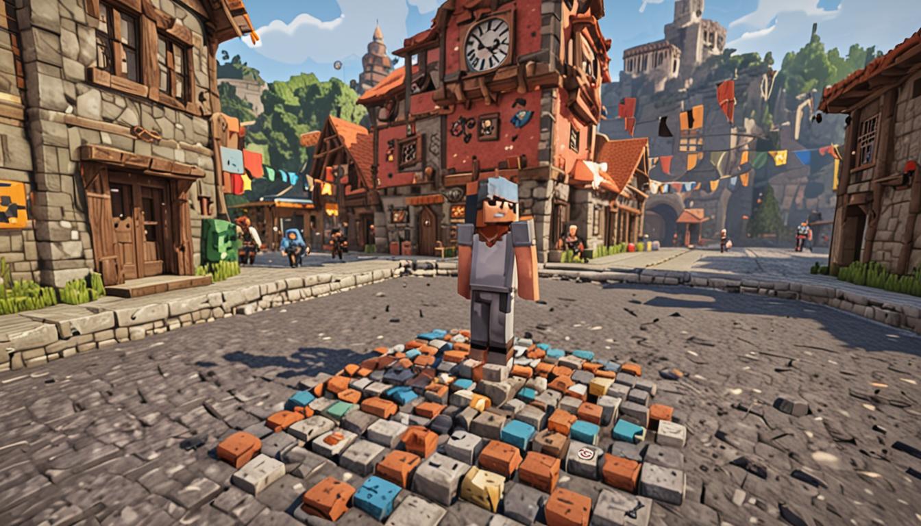 A young Minecraft villager character with blocky pixelated features stands in the center of a cobblestone village square, surrounded by the remnants of failed inventions scattered across the ground in colorful cubic debris. Behind them looms a peculiar backwards clock tower made of stone bricks and redstone components, with its clock face showing numbers in reverse order and steam particles rising from its crooked, partially collapsed structure. The villager holds an open wooden chest toolbox filled with an assortment of random Minecraft blocks including bright purple wool cubes, green cactus blocks, redstone dust, and various colored building materials spilling out in perfect cubic shapes. Several adult villager NPCs with their characteristic brown robes and large noses stand nearby with gentle, amused expressions, while young villager children point and giggle in the background near simple blocky houses with peaked roofs. The scene is bathed in warm Minecraft sunlight with soft shadows cast by the buildings, and small explosion particle effects and colorful block fragments are scattered around the area, suggesting recent failed experiments. The overall atmosphere captures a whimsical, encouraging village setting with the determined young inventor surrounded by the charming chaos of their creative attempts.