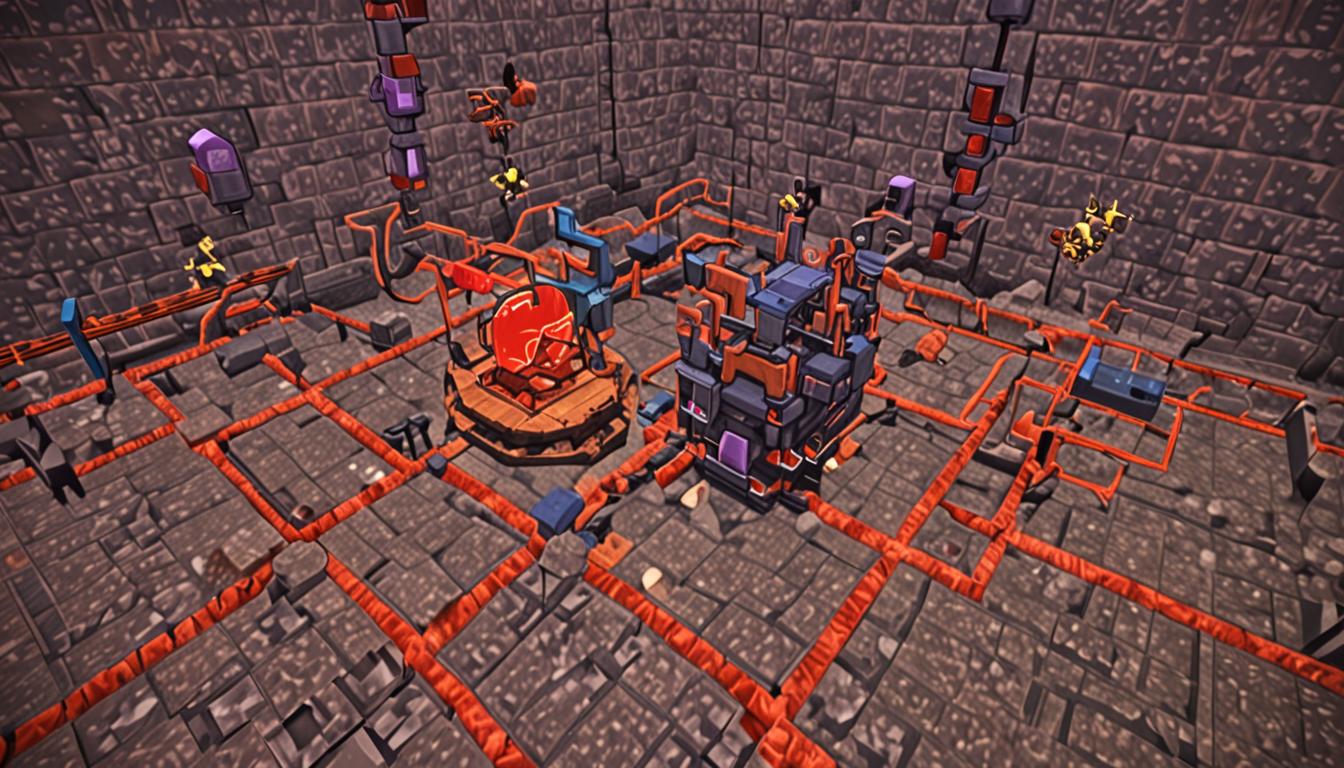 A detailed Minecraft scene showing an elaborate blocky contraption being constructed with various colorful components. The central structure features pixelated dispensers connected by bright red redstone dust circuits creating intricate wiring patterns across stone blocks. Multiple iron buckets are strategically positioned and connected to the dispensers via the glowing redstone pathways. Soft purple wool blocks are carefully placed as cushioned landing pads, their fuzzy cubic texture contrasting against the harder stone surfaces. A quirky frame made entirely of green cactus blocks creates an unusual geometric border around the contraption, with their distinctive spiky cubic appearance adding character to the build. Two blocky Minecraft characters work together on the project - one character actively placing blocks while another carries water buckets from a decorative stone fountain visible in the background. The fountain features ornate cobblestone construction with water source blocks creating cascading pixel water effects. The entire scene has warm, ambient lighting typical of Minecraft's day cycle, casting subtle shadows from the various cubic structures. The ground is covered with a mix of grass blocks and stone slabs, scattered with additional crafting materials and redstone components, giving the area a workshop atmosphere where creative engineering meets playful experimentation.