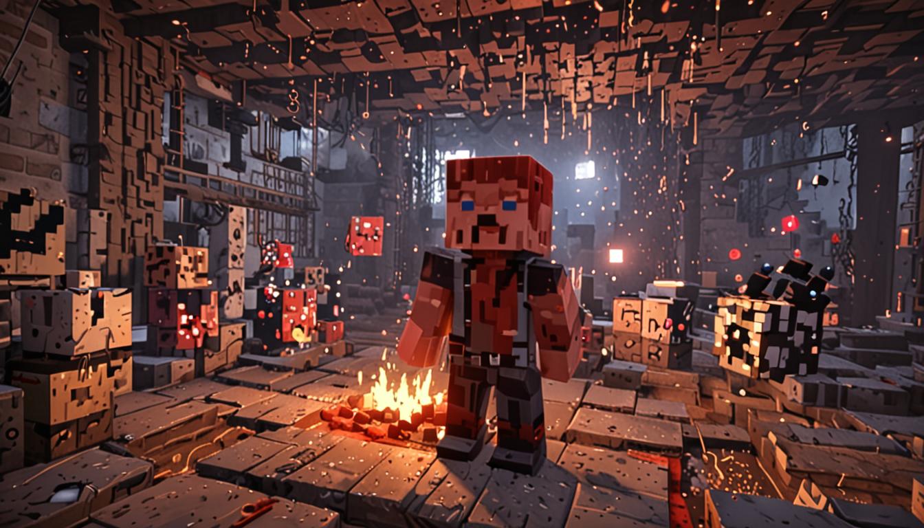 A Minecraft player character with blocky, pixelated features stands in a dimly lit underground workshop, their cubic head turned toward another player character named Wesley, with an expression of sudden realization and excitement. The scene shows a cluttered inventor's workspace with scattered redstone dust creating glowing red particle trails across dark stone blocks, broken redstone circuits with water droplets causing short-circuits and sparking effects, and failed contraptions made of cobblestone, iron blocks, and pistons lying in disarray. In the background, a partially collapsed clock tower structure built from stone bricks and wood planks leans at an odd angle, with dispensers and redstone repeaters visible among the rubble, while redstone torches flicker with inconsistent lighting. The player character's hands reach toward an open wooden chest filled with various Minecraft tools - iron pickaxes, redstone torches, sticky pistons, and comparators - all rendered in the game's distinctive blocky, low-resolution style. The lighting creates dramatic shadows cast by torches mounted on the stone walls, emphasizing the underground setting with a sense of scheming and mechanical innovation, while water blocks in the corner reflect the torch light and create the wet environment that has been sabotaging the redstone circuits.