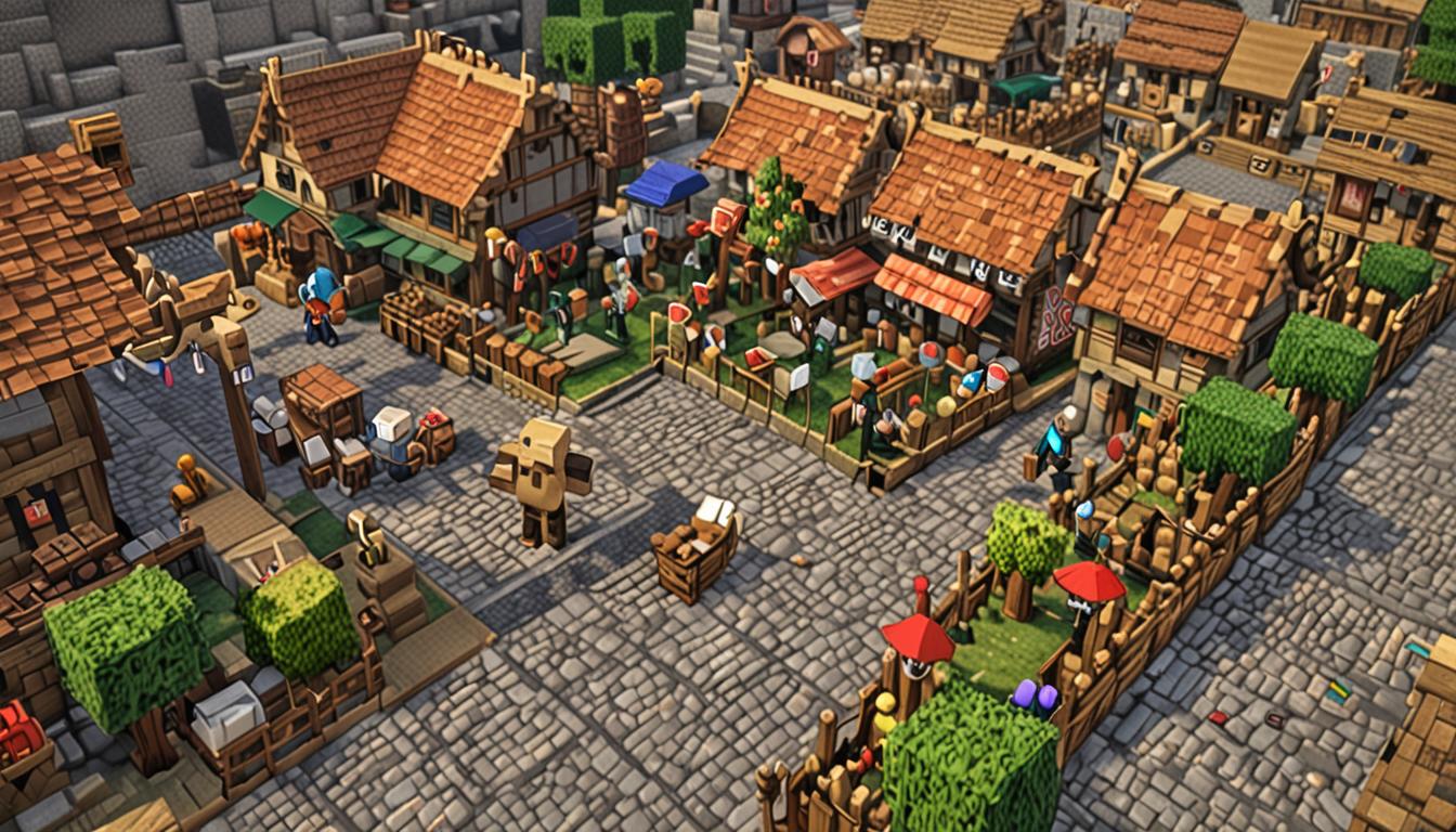A Minecraft village scene showing a distinctive brass-colored creeper character with metallic blocky textures waddling through cobblestone pathways toward a bustling market square filled with wooden stalls and colorful wool banners. The brass creeper's pixelated metal feet create visible impact effects on the stone blocks beneath, while two player characters crouch behind wooden structures and stone walls attempting to remain hidden. One character, Wesley, is surrounded by animated water splash particle effects with blue pixelated droplets scattered around his blocky feet on the wet cobblestone. A comical parade of white and brown Minecraft chickens with their characteristic red combs and beady black eyes waddle in a line behind the sneaking players, their heads bobbing with typical Minecraft mob animation. The village market square features wooden merchant stalls with striped awnings, item frames displaying various goods, and villagers in brown robes going about their daily routines. Warm afternoon lighting casts blocky shadows across the scene, with the brass creeper's metallic surface reflecting the pixelated sunlight as it gleams against the rustic village architecture of oak wood planks and cobblestone buildings.