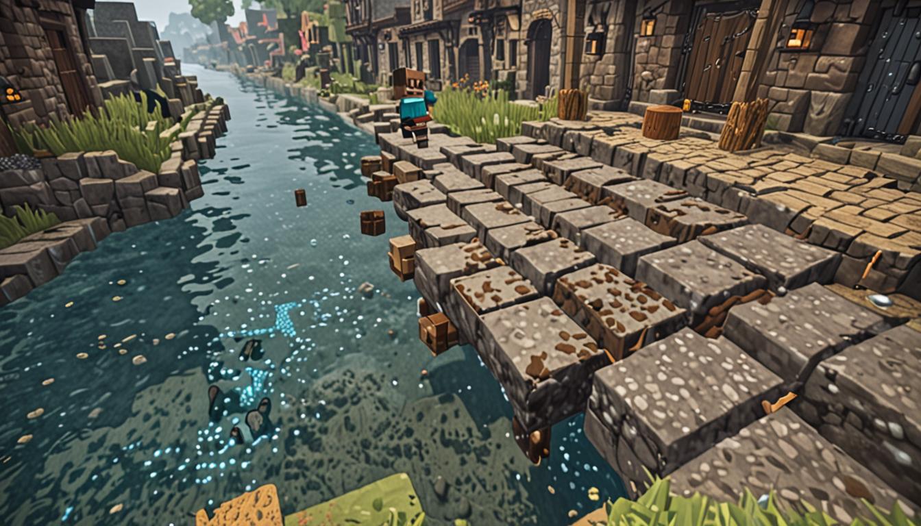 A Minecraft-style cobblestone path winding through a village scene, with blocky, pixelated iron boots creating wet footprints and water droplets splashing with each step. A Minecraft character named Wesley approaches, wearing distinctive waterlogged iron boots that gleam with a wet, reflective texture and leave trails of blue water particles behind him. He carries a detailed Minecraft fishing rod with brown wooden handle and fishing line, complete with a small hook dangling from the end. The character has the classic blocky Minecraft player appearance with square head and rectangular body, dressed in typical village clothing. Water droplets fall continuously from his boots in small blue cubic particles, creating puddles on the gray cobblestone blocks beneath his feet. The village pond is visible in the background, rendered in Minecraft's signature blocky water style with animated blue water blocks and lily pads floating on the surface. The entire scene captures the whimsical, antagonist-themed atmosphere with dramatic lighting casting long shadows across the pixelated cobblestone pathway, while maintaining the authentic Minecraft aesthetic with sharp edges, blocky textures, and the game's characteristic color palette.