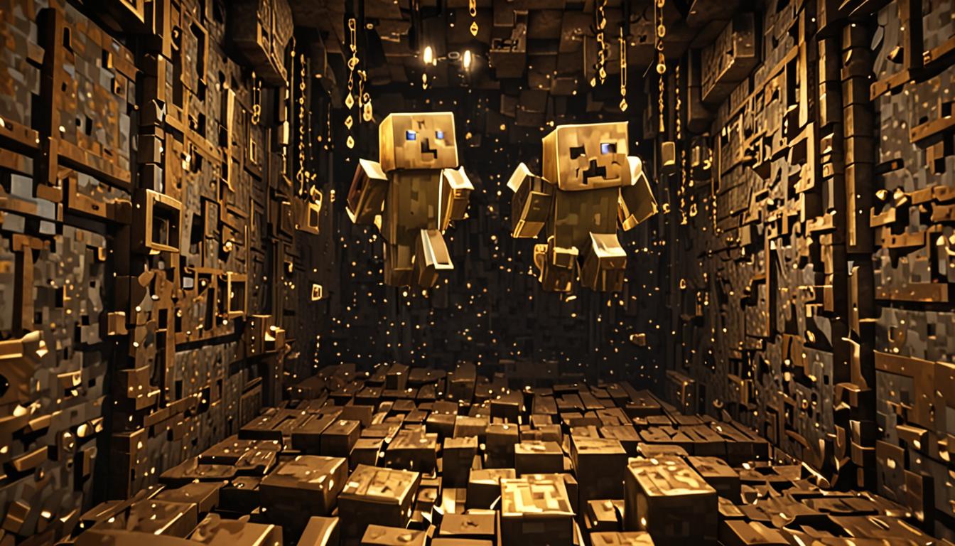 A menacing brass-colored creeper stands in a dark Minecraft cave environment, its entire body composed of gleaming metallic brass blocks that reflect dim torchlight with a polished sheen. The creature's iconic creeper shape is maintained but rendered in shimmering brass textures, with each cubic segment clearly defined in the blocky Minecraft aesthetic. Tiny floating brass musical notes hover and orbit around the creeper's square head, each note rendered as small golden cubic symbols that glint in the ambient lighting. The creeper's stubby rectangular legs are positioned mid-step on rough stone blocks, with small spark particles emanating from where its brass feet contact the ground. Orange electrical sparks and glowing embers begin to crackle and dance across the brass creeper's blocky surface, creating an ominous atmosphere as the metallic blocks start to illuminate with an angry orange glow. The scene is lit by scattered torches mounted on cobblestone walls, casting dramatic shadows and highlighting the contrast between the creature's brilliant brass texture and the dark, foreboding underground Minecraft environment.