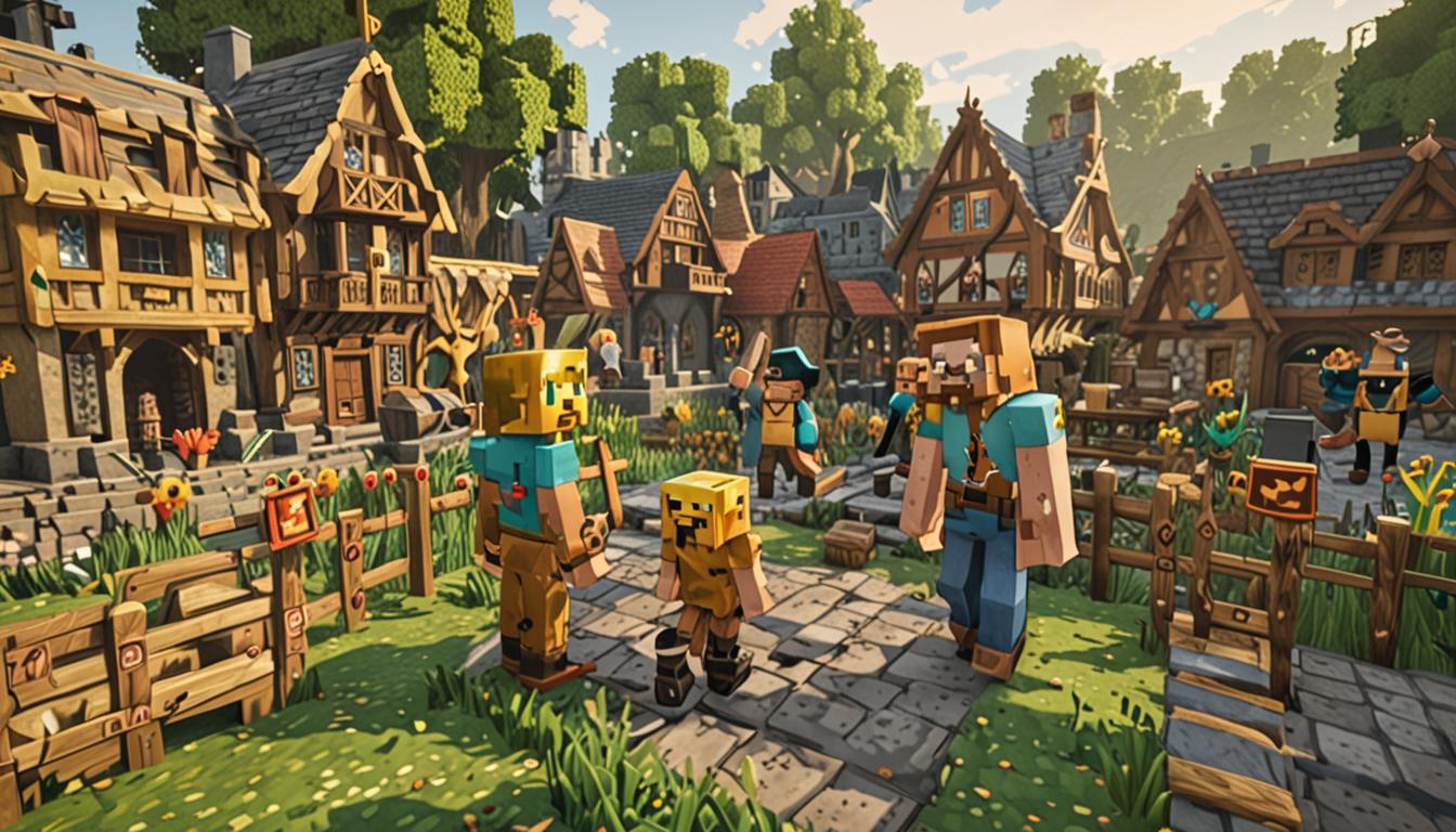 A Minecraft village scene featuring Tootcreep, a unique blocky character with a distinctive brass-colored cubic head that gleams with golden-yellow pixelated textures, standing in the center of a rustic village square surrounded by cobblestone paths and wooden plank buildings. Wesley, a standard Minecraft player character with blocky proportions, stands nearby alongside another player character, both approaching cautiously with slightly concerned expressions on their square faces. The village bustles with ambient life - pixelated red and white chickens with cube-shaped bodies wander around pecking at the ground, while a brown blocky rooster stands proudly on a hay bale with its distinctive red comb rendered in chunky pixels. In the background, villagers can be seen placing and arranging colorful building blocks, creating small puffs of white particle effects as the blocks click into place. The morning sunlight casts warm, angular shadows across the scene, illuminating the brass character's metallic head with bright golden highlights while creating a peaceful, pastoral atmosphere. Wooden fences, crop fields with green pixelated wheat, and traditional Minecraft village architecture complete the scene, all rendered in the characteristic blocky, low-resolution aesthetic with vibrant, saturated colors and sharp geometric edges.