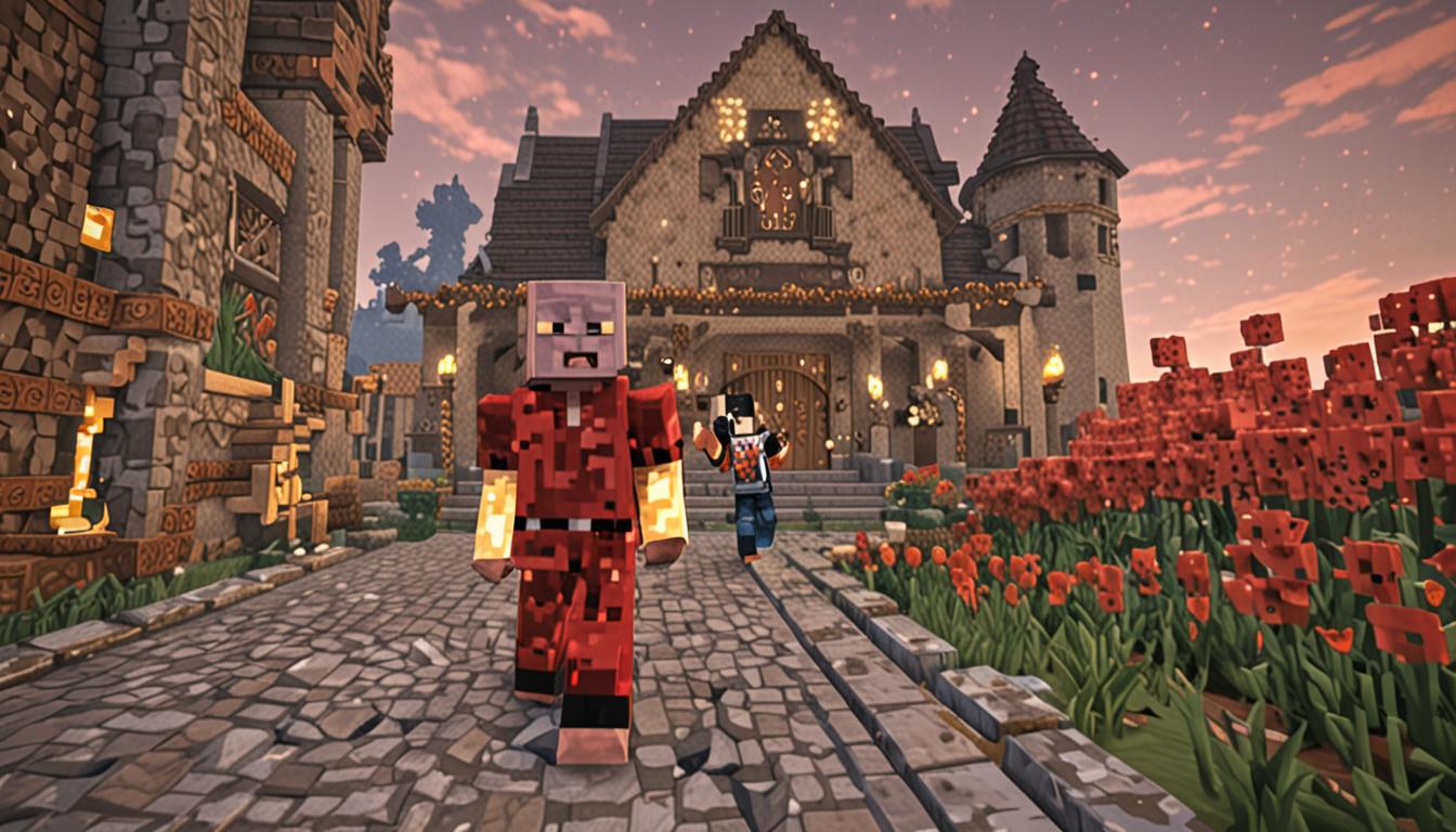 A Minecraft village scene showing a blocky, pixelated character wearing glowing redstone-powered pants with animated red particles and electrical effects emanating from the cubic fabric, standing alongside another blocky Minecraft villager character named Wesley as they watch a small, waddling creature called Tootcreep moving toward a large, ornate music hall built from various Minecraft blocks like quartz, oak wood, and stone bricks. The redstone pants feature intricate cubic circuitry patterns with pulsing red light effects and small sparking particle animations typical of powered redstone contraptions. Scattered around the cobblestone village pathways are remnants of colorful explosive blocks in vibrant pixelated chunks - emerald green, diamond blue, gold yellow, and ruby red cubic fragments - suggesting previous failed invention attempts. The music hall displays grand blocky architecture with note block decorations, wooden doors, and glowstone lighting fixtures, while the overall scene captures a moment of triumph and discovery in the distinctive cubic, low-resolution Minecraft aesthetic with warm village lighting and a sense of accomplishment filling the pixelated atmosphere.