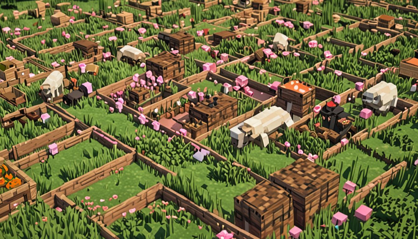 A vibrant Minecraft village celebration scene during a Harvest Festival, featuring multiple wooden chests with organized pixelated items visible through their open lids, displaying neatly arranged crops, tools, and resources in perfect blocky stacks. White, pink, brown, and black blocky sheep graze peacefully in green grass fields surrounding the village, their wool appearing in natural Minecraft color variations. A lush carrot farm stretches across the landscape with bright orange pixelated carrots growing in tilled brown soil blocks, their green leafy tops swaying slightly. In the village center, a unique character named Tootcreep stands as a music teacher, rendered in Minecraft's distinctive blocky humanoid style with musical note particles floating around him in colorful pixelated forms. The morning atmosphere glows with warm golden lighting, while red and white pixelated roosters and chickens wander the cobblestone paths, their beaks open as if crowing and clucking. Festive banners and decorations made from colorful wool blocks hang between wooden village buildings, creating a joyful harvest celebration atmosphere with the characteristic Minecraft blocky architecture and textures throughout the entire scene.