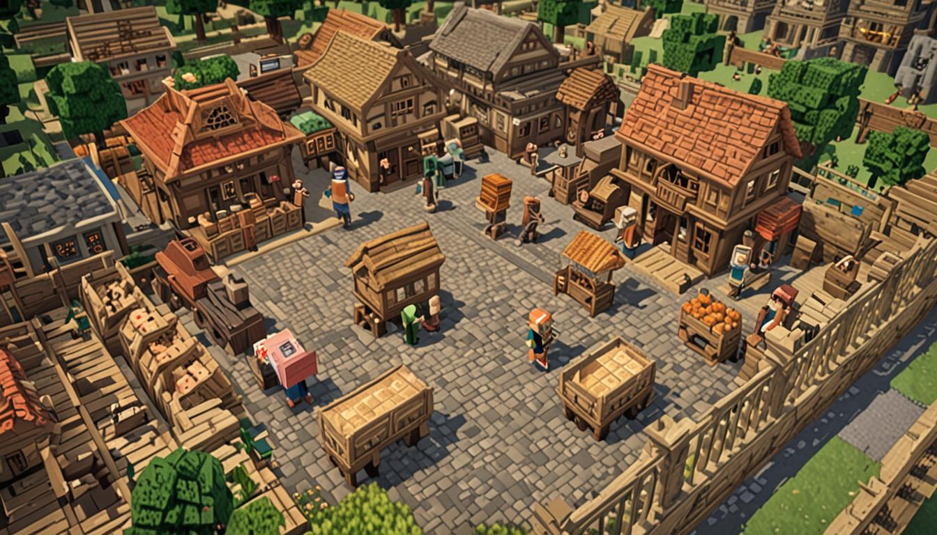 A bustling Minecraft village square with blocky cobblestone paths and wooden houses, where several adult villager NPCs with their characteristic brown robes and large noses stand gathered around market stalls made of oak wood planks and displaying various pixelated items like bread, carrots, and emeralds. In the center of the scene, a young Minecraft player character with the default Steve skin stands proudly next to a colorful banner displaying the Junior Builder's Club emblem made of wool blocks in bright blue and yellow patterns. Nearby, another player character named Wesley wears a cyan-colored outfit and holds a water bucket, standing next to a fountain structure built from stone blocks with water flowing in perfect Minecraft physics. The grandmother villager, distinguished by gray hair texture and wearing a purple robe, presents an elaborate crafting table-style toolbox made of dark oak wood with iron hinges and a special blue-tinted glass compartment filled with shimmering water effects, while various Minecraft tools like diamond pickaxes, redstone dust, and building blocks float magically around the waterproof section. The entire scene is bathed in warm afternoon lighting with blocky shadows cast across the pixelated ground, creating a celebratory atmosphere of community achievement and innovation in the distinctive cubic Minecraft art style.