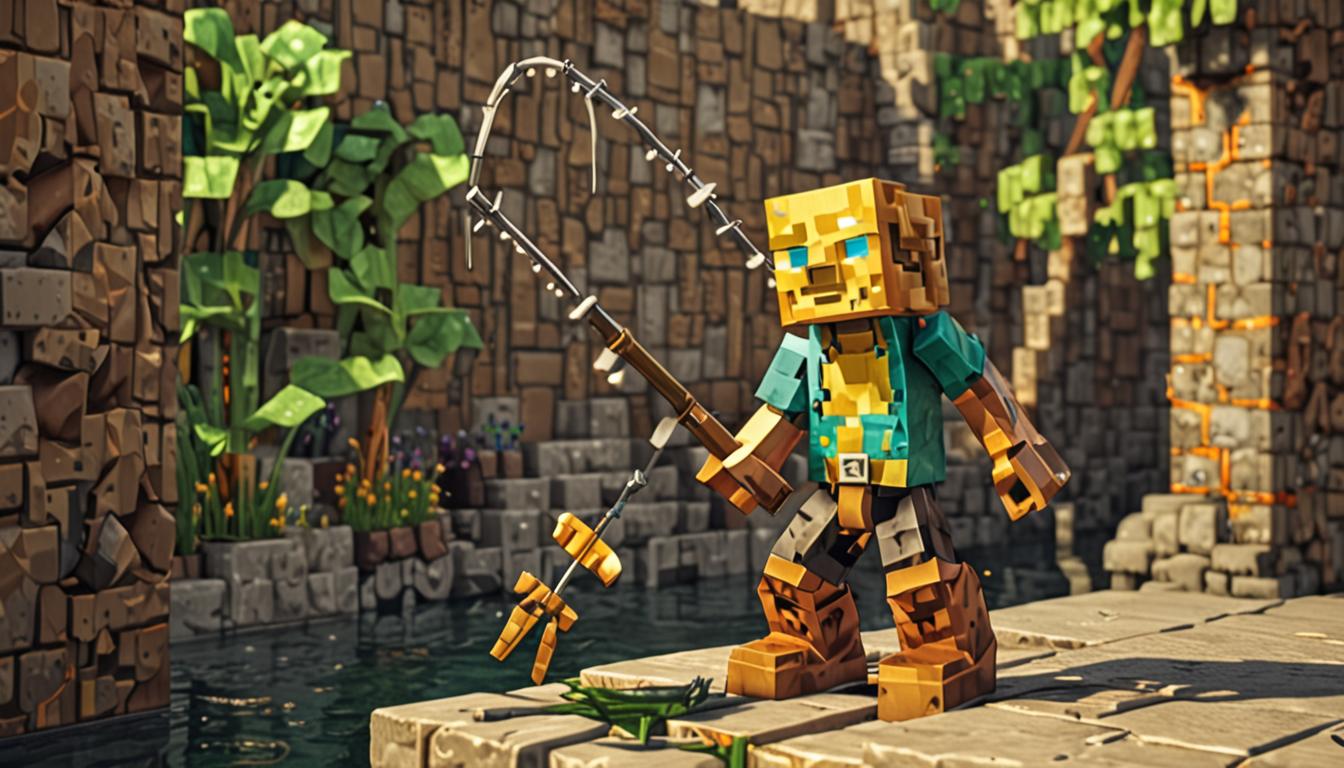 A detailed Minecraft scene showing a pixelated player character with blocky features holding a fishing rod, carefully casting the line toward a unique brass-colored creeper with metallic golden-brown textures and glowing yellow eyes. The brass creeper has the classic blocky Minecraft creeper shape but with shimmering metallic surfaces that reflect light. In the background, another blocky Minecraft player character crouches beside an elaborate redstone contraption featuring a water sprinkler system with red redstone dust trails, glowing redstone torches, dispensers, and water source blocks creating spray patterns. The redstone circuits are clearly visible with their characteristic red particle effects and connecting dust lines across dark stone blocks. The scene is set in a dimly lit underground or cave environment with cobblestone walls and floors, creating dramatic shadows and highlighting the glowing redstone components and the brass creeper's metallic sheen. The atmosphere is tense and focused, with both characters positioned strategically around the mechanical contraption, emphasizing the careful coordination of their scheme through blocky, pixelated Minecraft aesthetics.
