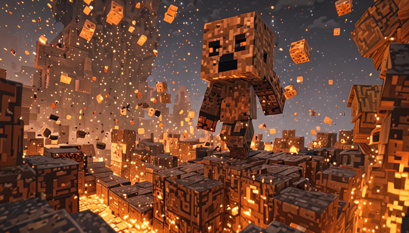 A menacing Minecraft character named Tootcreep with distinctive brass-colored blocks integrated into his blocky body, glowing with intense orange light as he stomps aggressively across a pixelated village landscape toward wooden storage chests. Swirling musical note particles made of golden blocks spiral rapidly around his cubic form, creating a dynamic vortex effect against the blocky terrain. In the foreground, two heroic Minecraft players stand ready for battle - one wearing brilliant glowing redstone-powered pants that emit bright red light like miniature suns, casting dramatic shadows across the pixelated ground. The village setting features classic Minecraft architecture with cobblestone paths, wooden buildings with blocky roofs, and multiple large wooden chests scattered throughout the scene. The atmosphere is tense and action-packed, with dramatic lighting contrasts between the orange glow of Tootcreep's brass blocks, the golden swirl of musical notes, and the intense red illumination from the redstone pants, all rendered in Minecraft's signature blocky, pixelated art style with sharp cubic edges and flat surfaces.