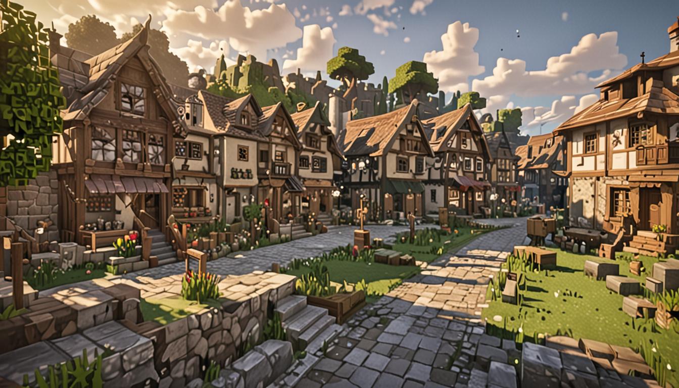 A Minecraft village scene at midday with the blocky sun high in the pixelated sky, casting square shadows across cobblestone paths and wooden plank houses with distinctive Minecraft architecture featuring cube-shaped windows and doors. The village appears eerily quiet and deserted, with several small blocky houses showing closed wooden doors and darkened square windows, suggesting villagers hiding inside. In the foreground stands a young Minecraft character with the classic blocky humanoid design, wearing simple brown leather armor or clothing, looking determined yet nervous as they gaze up at the square sun overhead. Scattered around the village are various Minecraft crafting materials and inventor's tools - redstone dust creating red pixelated trails, iron ingots, wooden planks, and perhaps a crafting table, indicating the character's inventive nature. The atmosphere conveys urgency and solitude, with empty dirt paths winding between the cubic structures, and in the distance, hints of darker storm clouds gathering on the horizon, suggesting the approaching threat. The lighting captures that distinctive Minecraft midday brightness with sharp, blocky shadows and the warm golden glow of the pixelated sun illuminating the quiet village scene.